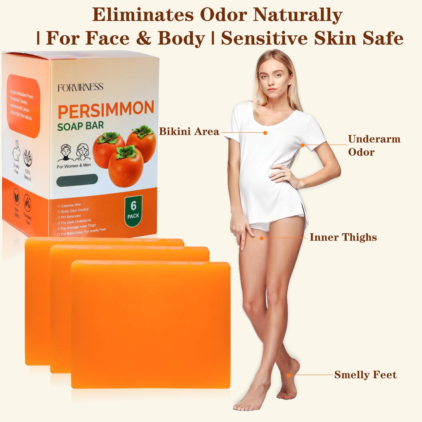 forvirness 6 PCS Persimmon Soap Bar for Body Odor Control, Natural Deodorant Body Bar Soap for Old People Smell, Odor Wash Soap with Japanese Beauty & Personal Care forvirness