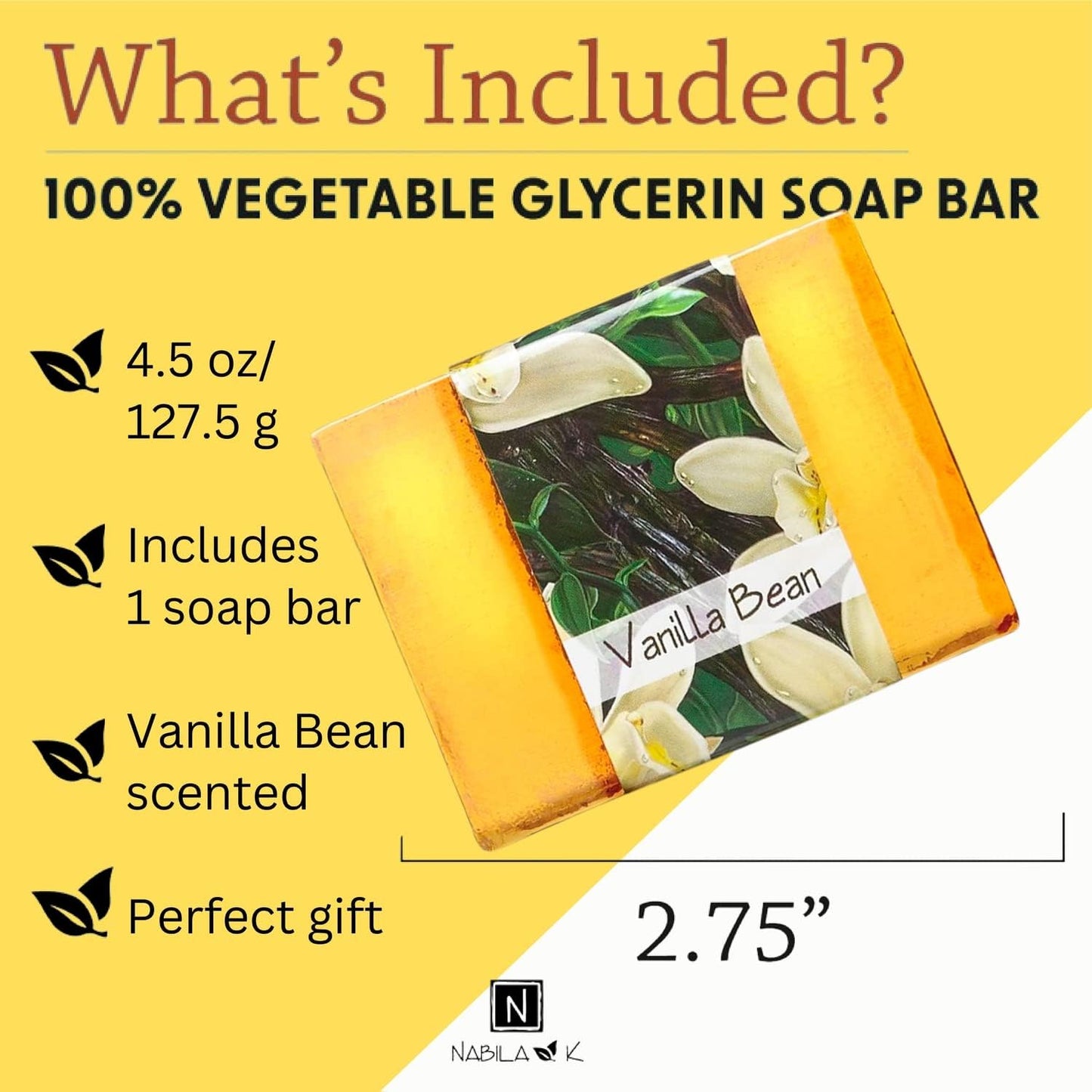 Nabila K Vanilla Bean Glycerin Bar Soap | Sweet Vanilla Scent | Natural, Vegan, Hypoallergenic | 100% Vegetable Glycerin, Sulfate-Free, Paraben-Free | Beauty & Personal Care Nabila K