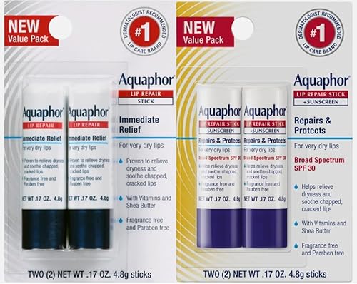 Aquaphor Lip Repair Lip Balm Set, Lip Repair Stick, 0.17 Oz (Pack of 2) + Lip Repair and Protect Stick, Lip Balm with Sunscreen SPF 30, 0.17 Oz (Pack Beauty & Personal Care Aquaphor