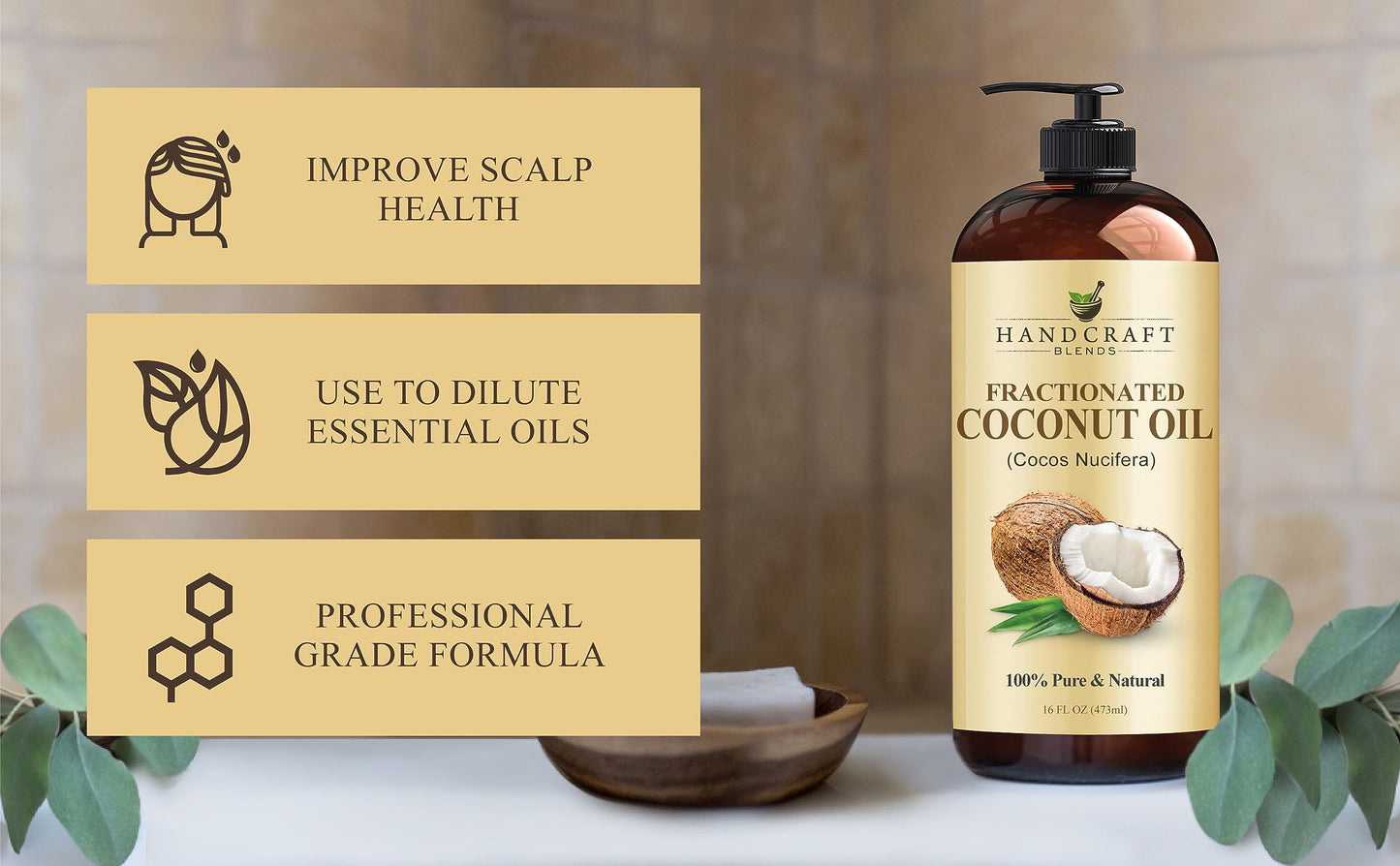 Handcraft Blends Fractionated Coconut Oil - 16 Fl Oz - 100% Pure and Natural - Premium Grade Carrier Oil for Skin, Hair and Body - Massage - Hair Beauty and Personal Care Handcraft Blends