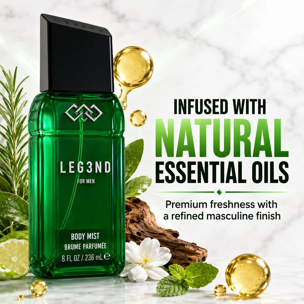 LEG3ND Body Mist for Men - Green, 8 FL OZ (236ml) | Long-Lasting Fresh Masculine Fragrance Spray with Natural Essential Oils | Everyday Body Spray Beauty & Personal Care LEG3ND