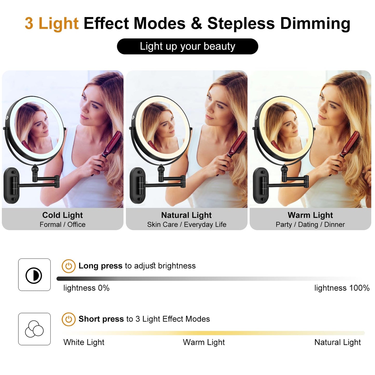 IMIKONA 8 Inch Vanity Makeup Mirror Wall Mounted, Double Sided 1X/10X LED Magnifying Mirror, 3 Color Lights & 360°Swivel 13 Inch Extendable Bathroom Beauty and Personal Care IMIKONA