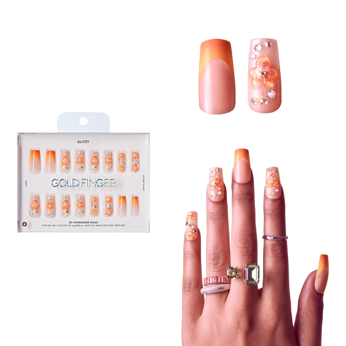 Glitzy 3D Handmade Press On Nail Kit, Rhinestone Gem Gradient French Tip Long Square False Nail, Reusable & Lasts Up To 2 Weeks, Seamless Snug Fit