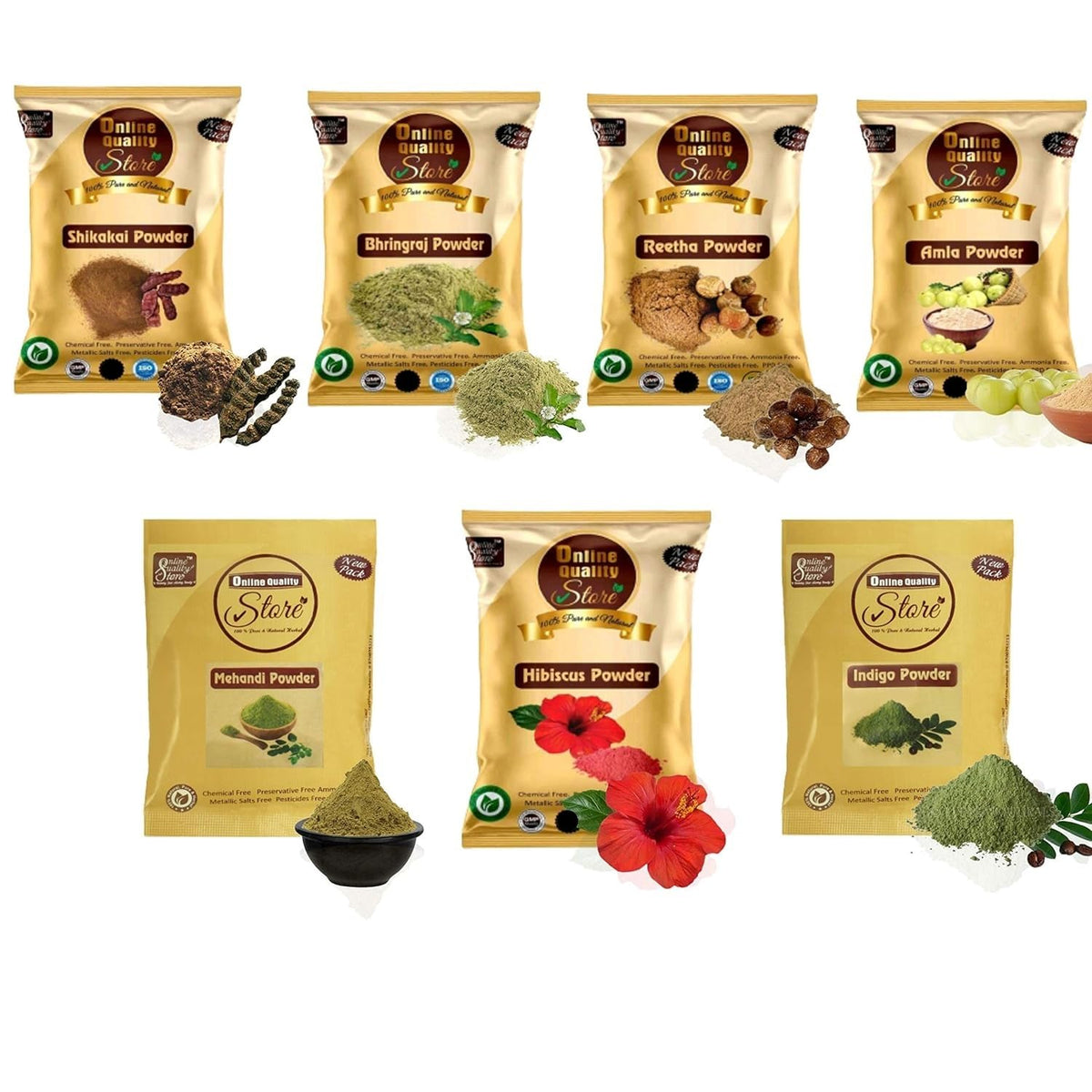 Online Quality Store Reetha + Amla + Shikakai + Bhringraj + Hibiscus + Mehandi + free Indigo Powder For Hairs, 350g