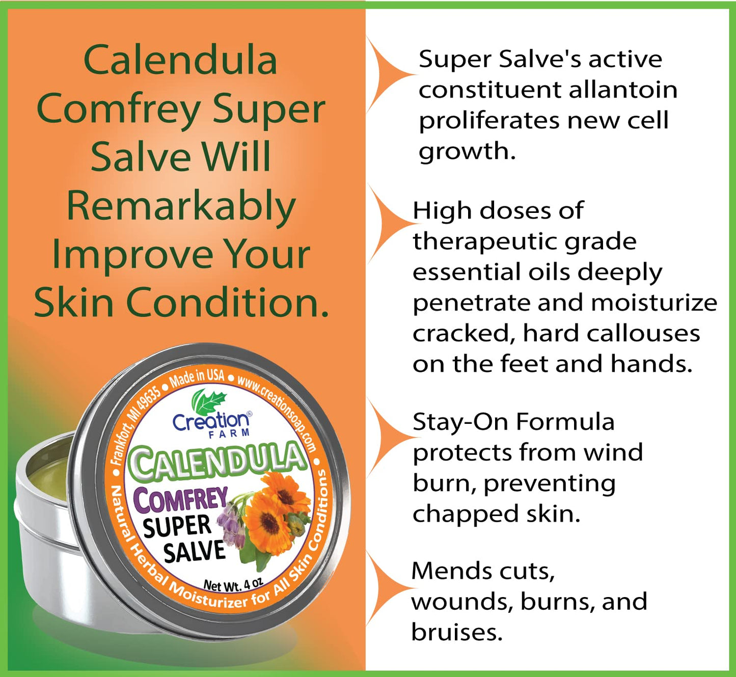 Calendula Comfrey Super Salve by Creation Farm, Herbal Balm, Moisturizer, and Ointment with No Gluten, Soy, GMO or Parabens, Made in USA Comforts many Beauty and Personal Care Creation Pharm