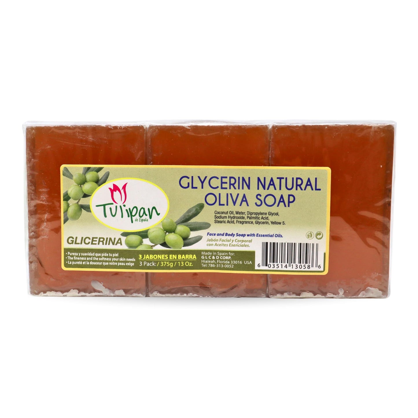 Tulipan de España Glycerin and Olive Soap (Pack of 3) Face & Body Soap with Essential Oils Beauty & Personal Care Tulipan de Espana