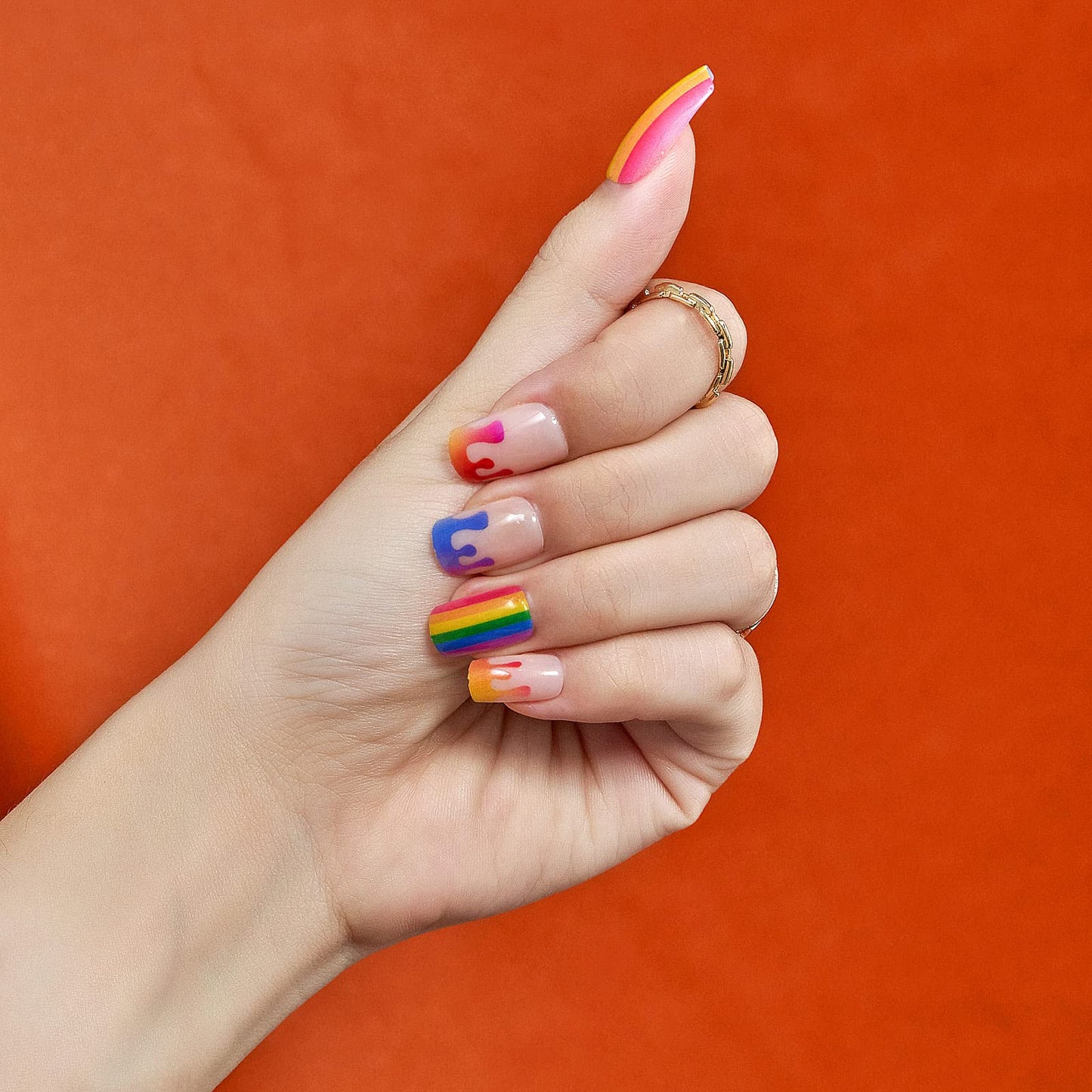 GLAMERMAID Rainbow Press on Nails Medium Square, Paint Color Ombre Nude Gel False Nals with Design, Colorful Glue on Nails Kit for Women, Colorful Beauty & Personal Care GLAMERMAID