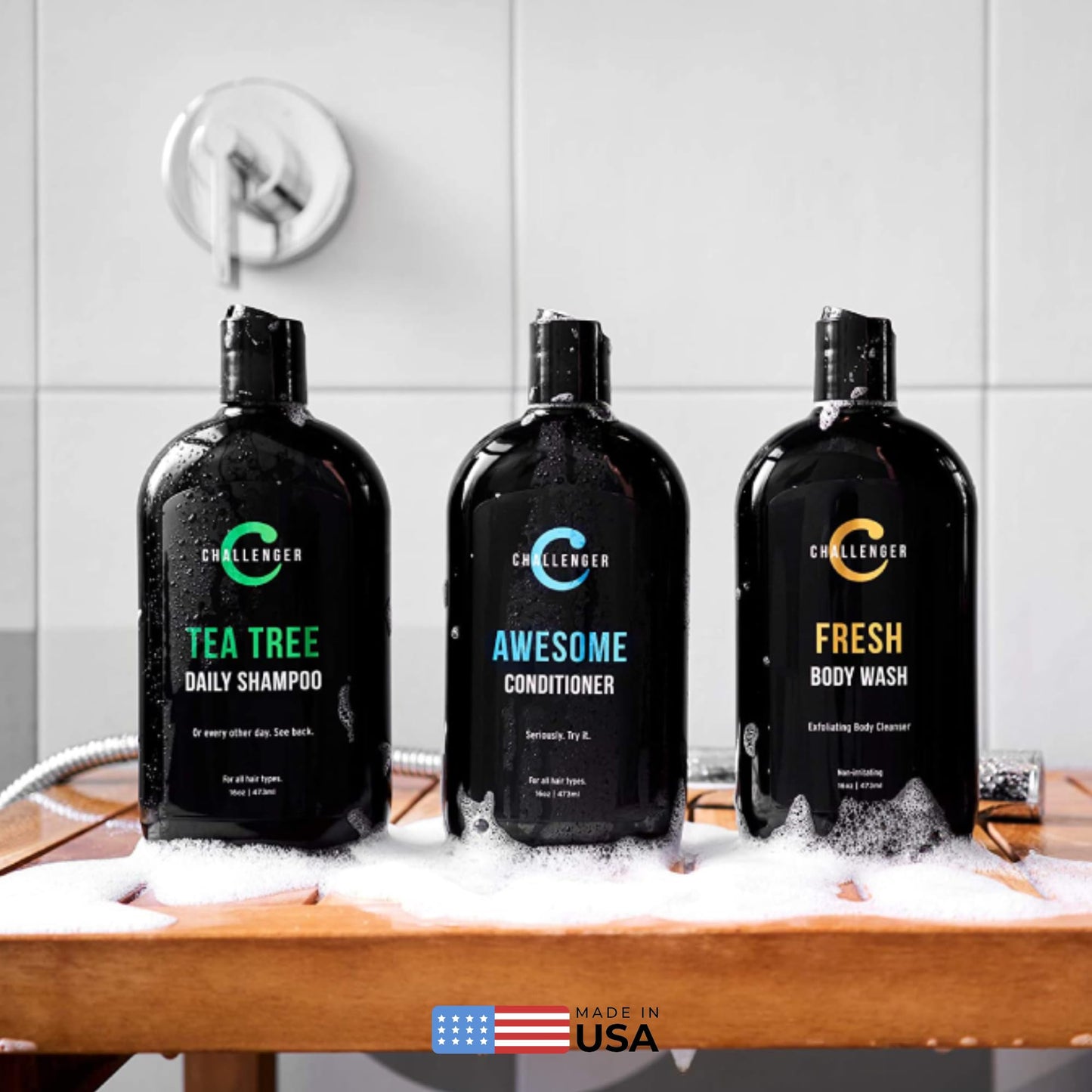 Challenger Men’s Tea Tree Shampoo, Conditioner, & Fresh Body Wash Trio, 3X 16 Oz Bottles | Sulfate Free w/Vitamins, Argan Oil, Biotin | Keratin Beauty & Personal Care Challenger