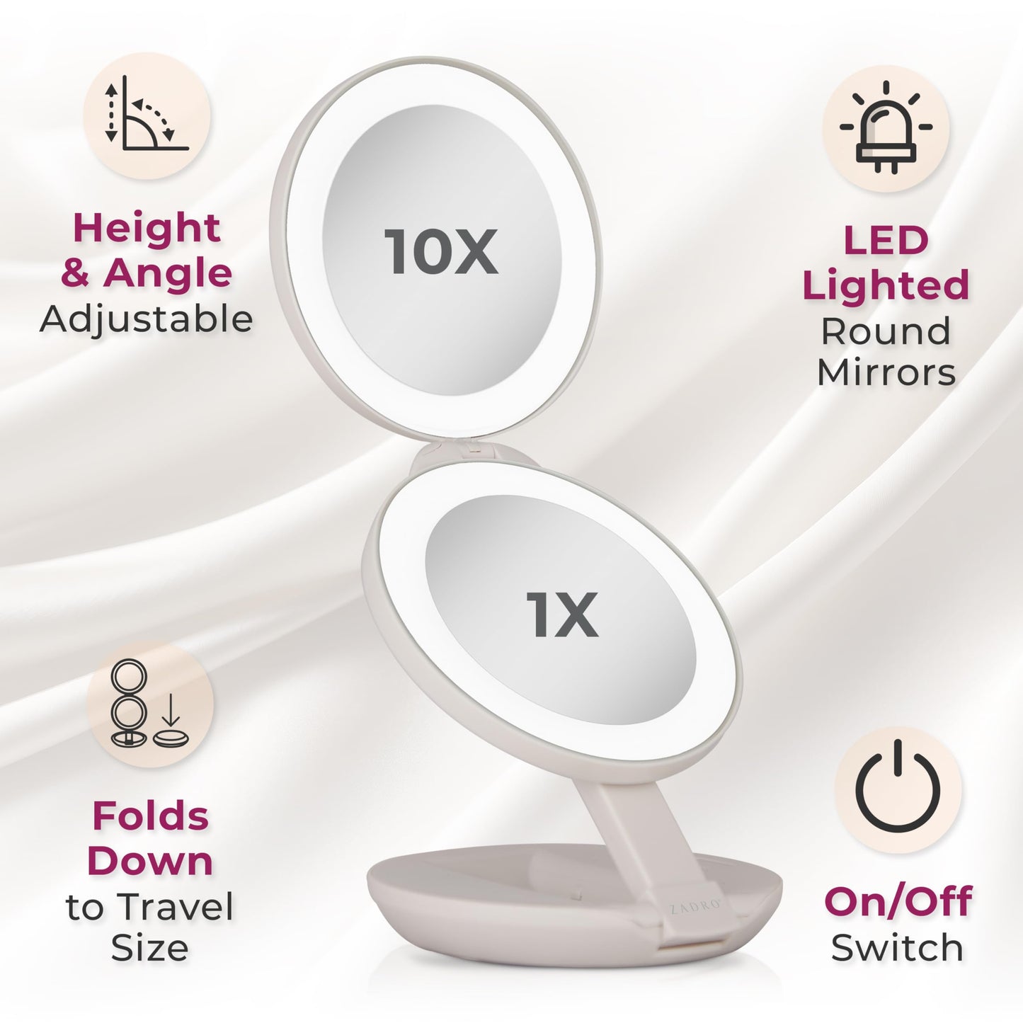 Zadro 4.5" Round LED Compact Mirror 10X/1X Travel Mirror with Lights and Magnification 3 AAA batteries LED Makeup Mirror Beauty & Personal Care Zadro