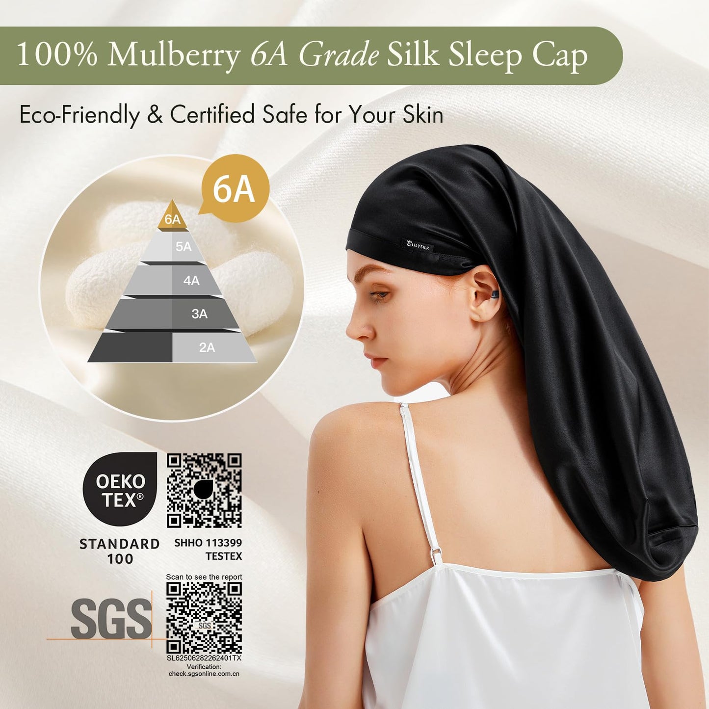 LilySilk Mulberry Silk Sleep Cap 100% 19 Momme Long Silk Bonnet for Curly Hair, Night Cap for Sleeping, Silk Hair Wrap for Women Black Beauty and Personal Care LilySilk