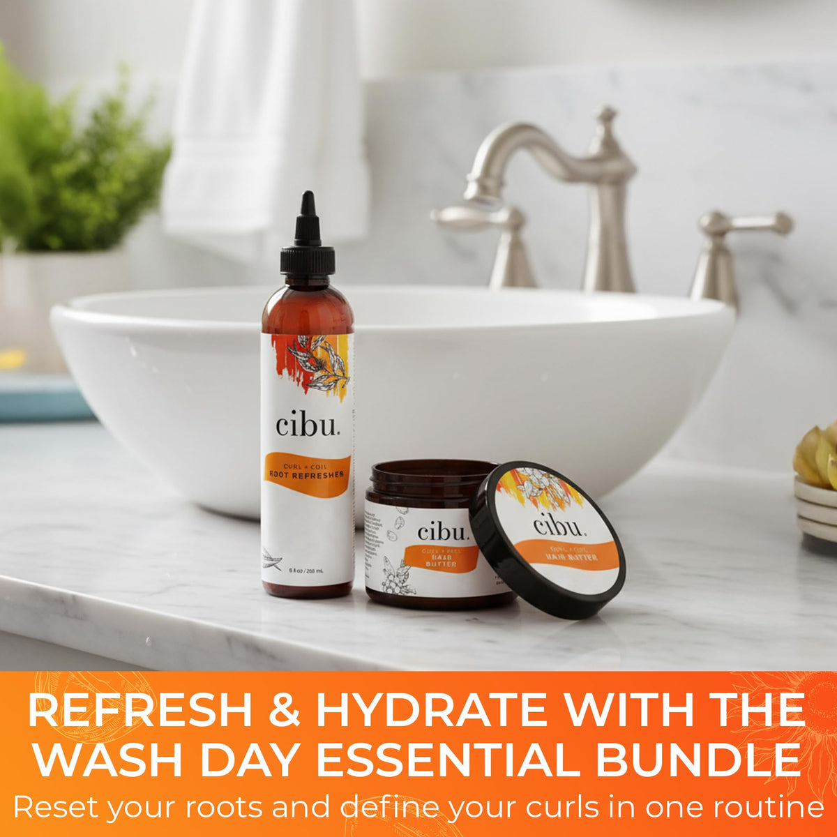 CIBU Wash Day Essential Bundle for Natural Curl and Coil - Hair Butter (6.5oz) & Root Refresh (8oz) - Hair Moisturizer and Refreshing Scalp Care for