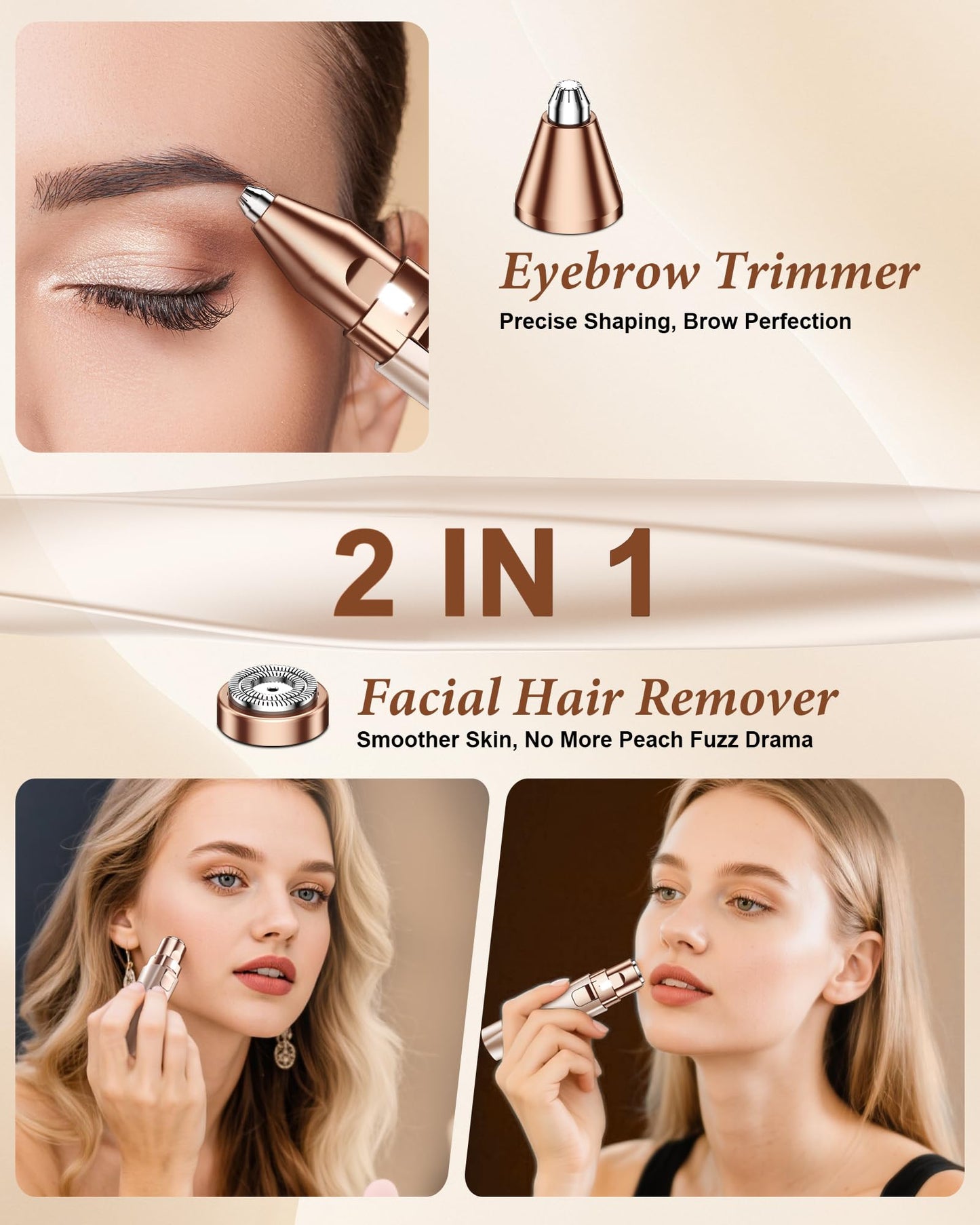 Eyebrow Trimmer Facial Hair Removal for Women: 2 in 1 Rechargeable Face Shaver and Eyebrow Razor - Painless Electric Hair Remover Device for Peach Beauty and Personal Care bissuuy