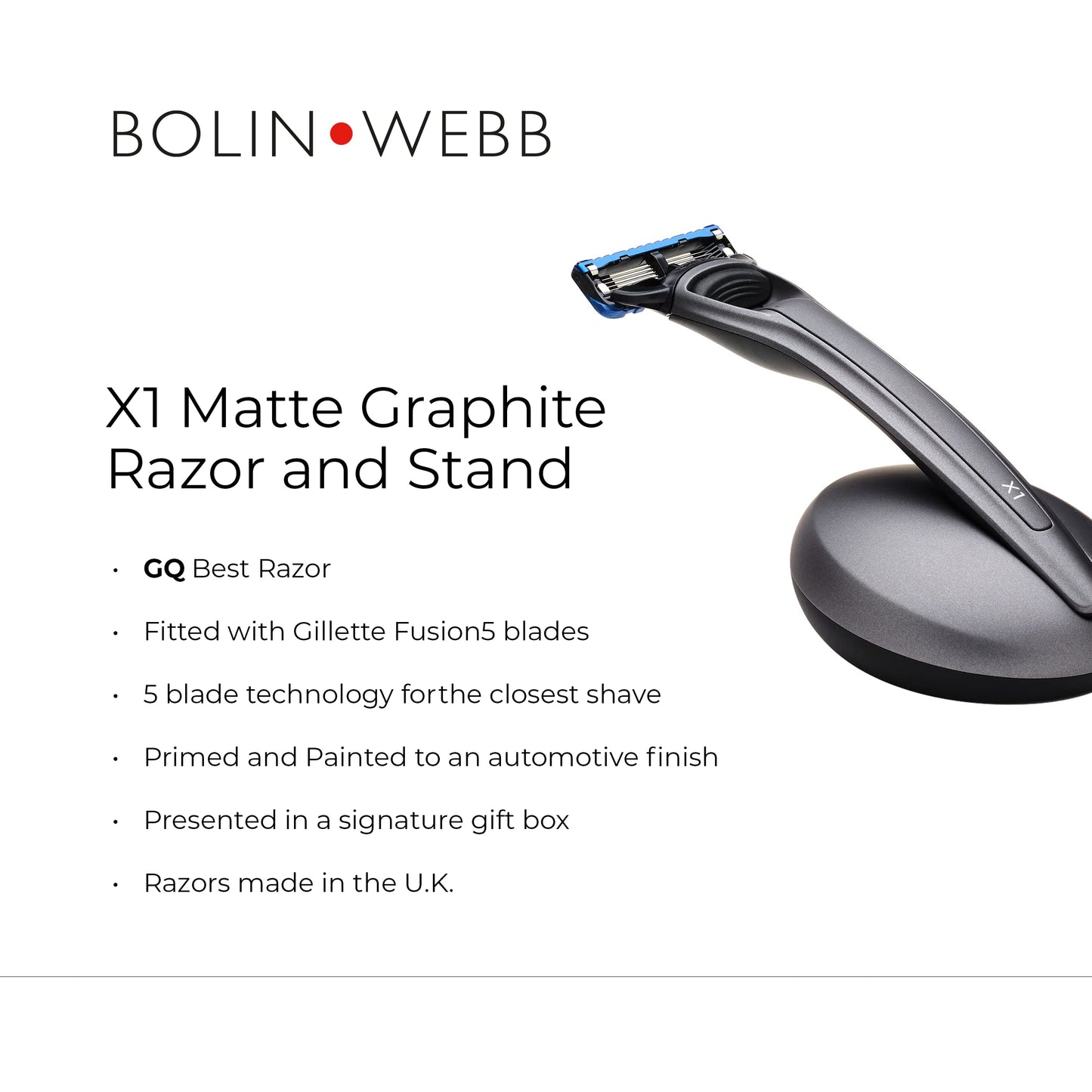 Bolin Webb X1 Razor & Stand - Award-Winning Razors for Men with Gillette Fusion 5 Blades, Designer Matte Graphite Shaving Razor for Smooth Close Shave Beauty and Personal Care Bolin Webb
