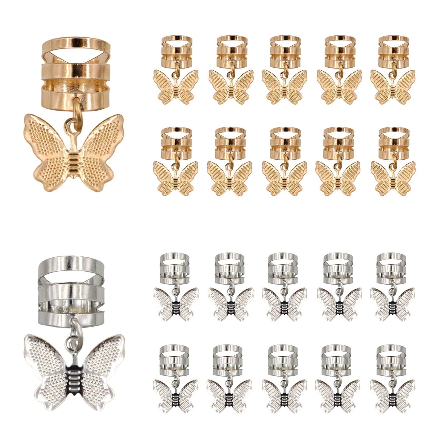 20Pcs Gold Silver Butterfly Cuffs for Women's Braids, Dreadlocks - Aluminum Rings, Adjustable Metal Clips, Hair Decorations Beauty & Personal Care Gaiett