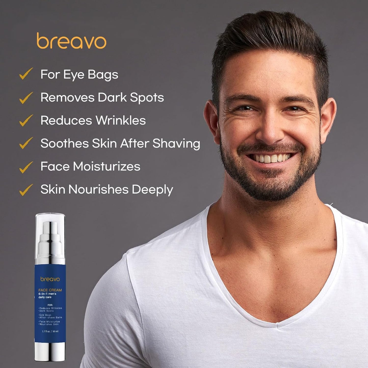 Breavo 6 in 1 Face Cream for Men: 6 in 1 Mens Face Moisturizer, Mens Face Cream Anti Aging - Eye Bags Treatment & Wrinkle Cream for Men 1.7 oz Beauty & Personal Care Breavo