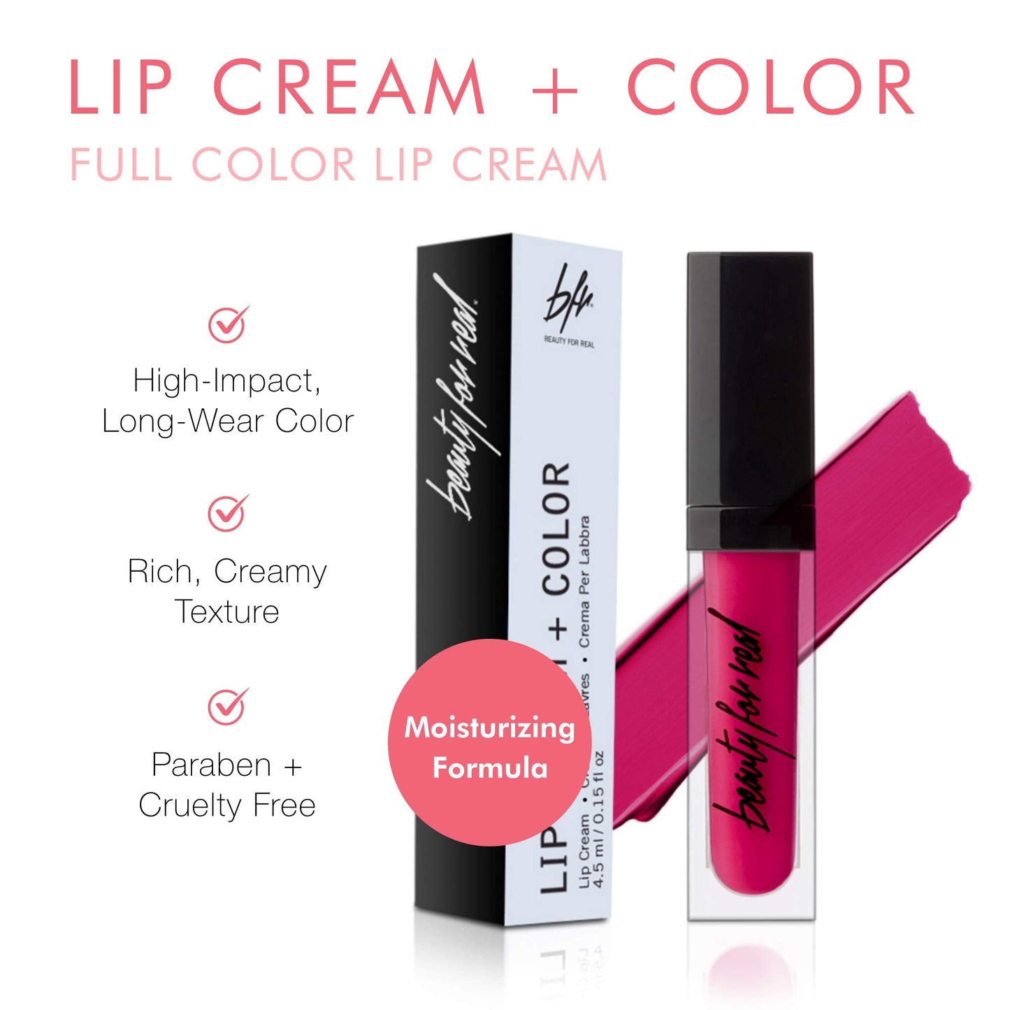 Beauty For Real Lip Cream + Color, Hotter Than Miami - Rich Vibrant Magenta - Long-Wear, Moisturizing Formula - Cupuacu Butter, Organic Neroli & Beauty & Personal Care Beauty For Real