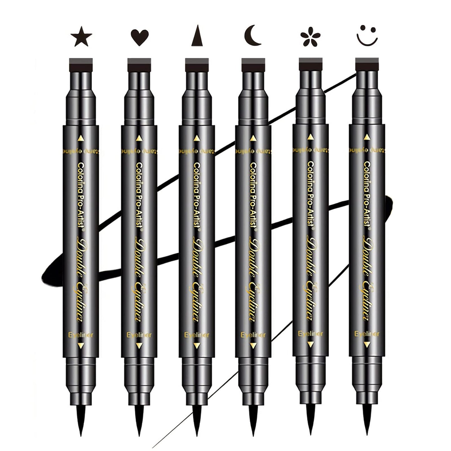 SUMEITANG 6 Pcs Double-headed Eyeliner Stamps Set Black Liquid Eye Liner Pen With Star,Moon,Heart,Flower,Smiley,Triangle Stamp Stencils Shapes Beauty & Personal Care SUMEITANG
