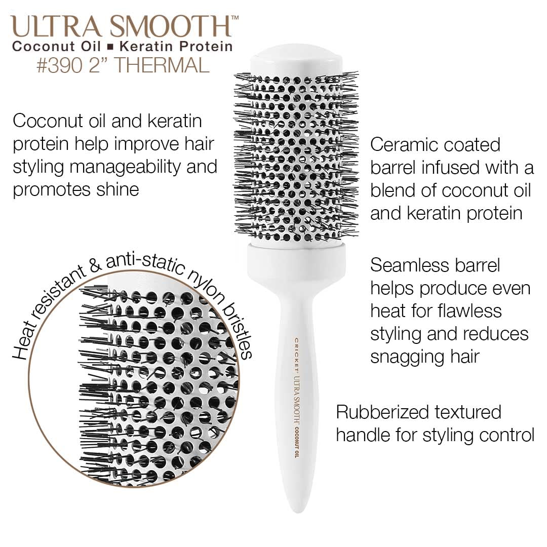 Cricket Ultra Smooth Coconut Thermal Hair Brush - 2” Ceramic Barrel, Coconut Oil and Keratin-Infused, Anti-Static Heat-Resistant Bristles, Textured Beauty & Personal Care Cricket