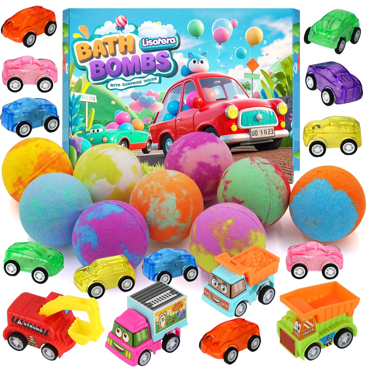 Bath Bombs for Kids with Toys Inside, Kids Bath Bombs for Boys Girls, 9-Piece Bathbombs Set Includes 9 Pull-Back Cars and 3 Vehicles, Halloween Beauty and Personal Care Lisotera