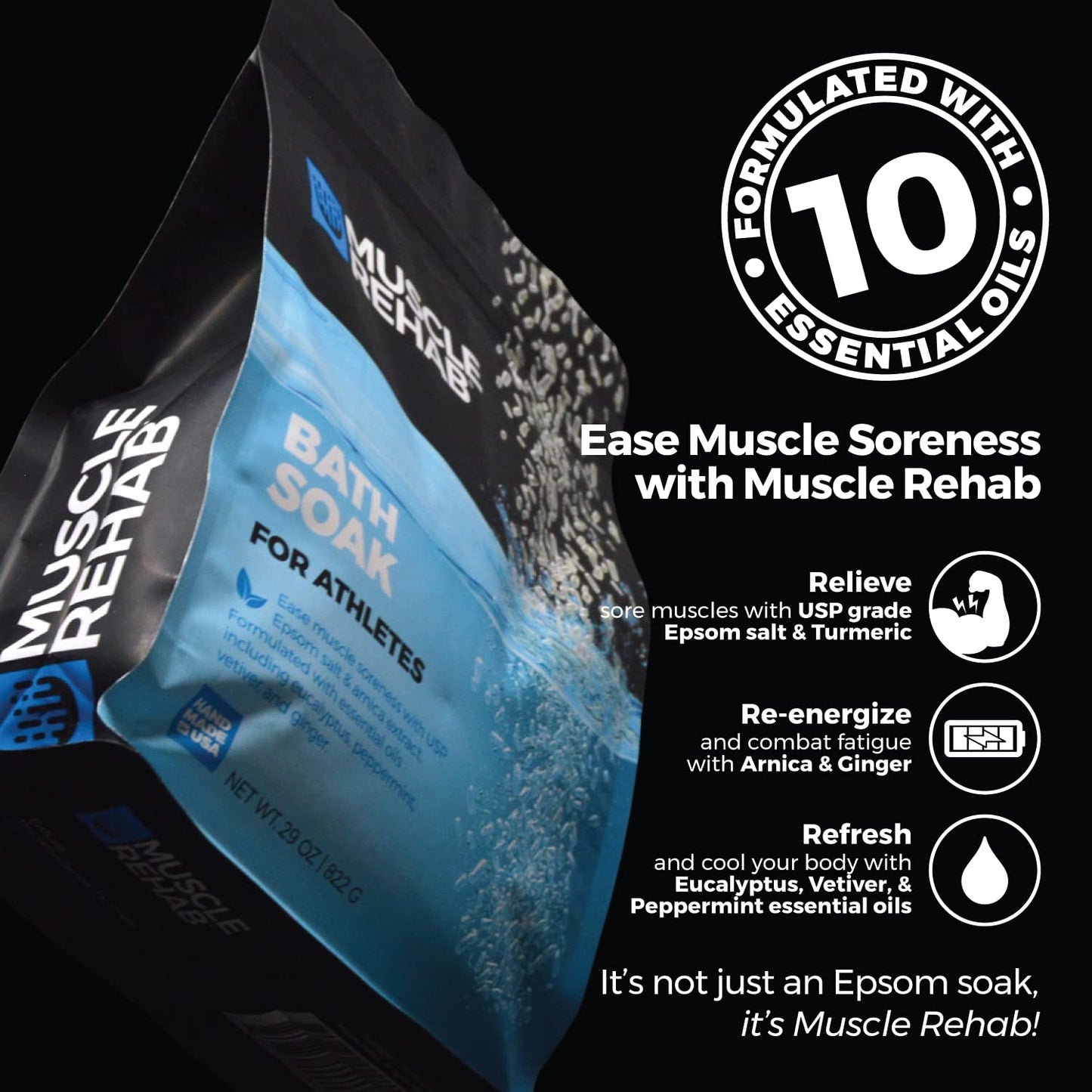 Muscle Rehab Epsom Salt Bath Soak 29 oz with Arnica - Fast-Dissolving Bath Salts for Muscle Relief and Recovery - Cooling Formula - Made in USA Beauty and Personal Care Muscle Rehab