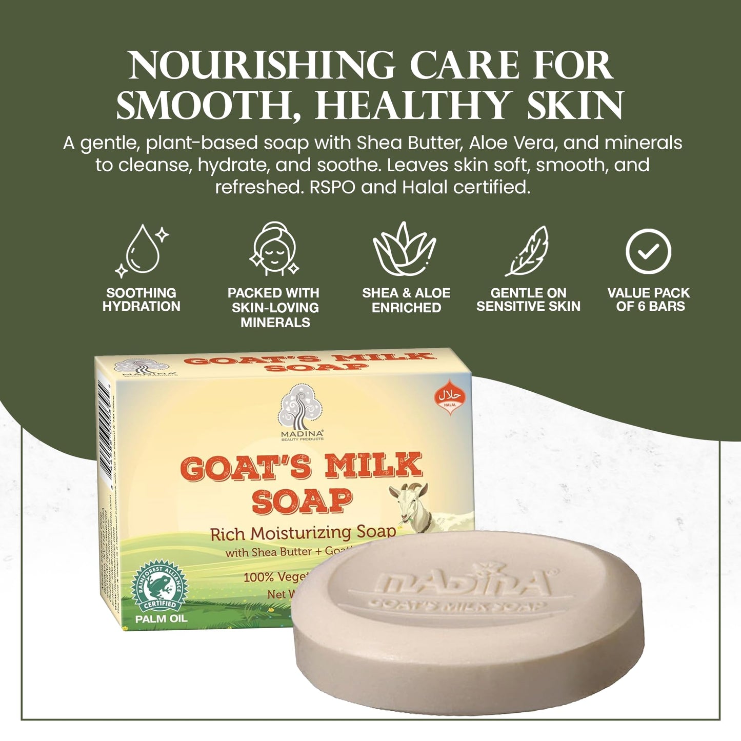 Madina Goat Milk Soap Bar - Hydrating, Moisturizing, Nourishing, Natural Vegetable-Based, Gentle Cleanser for All Skin Types, RSPO & Halal, 6 Pack Beauty & Personal Care Madina