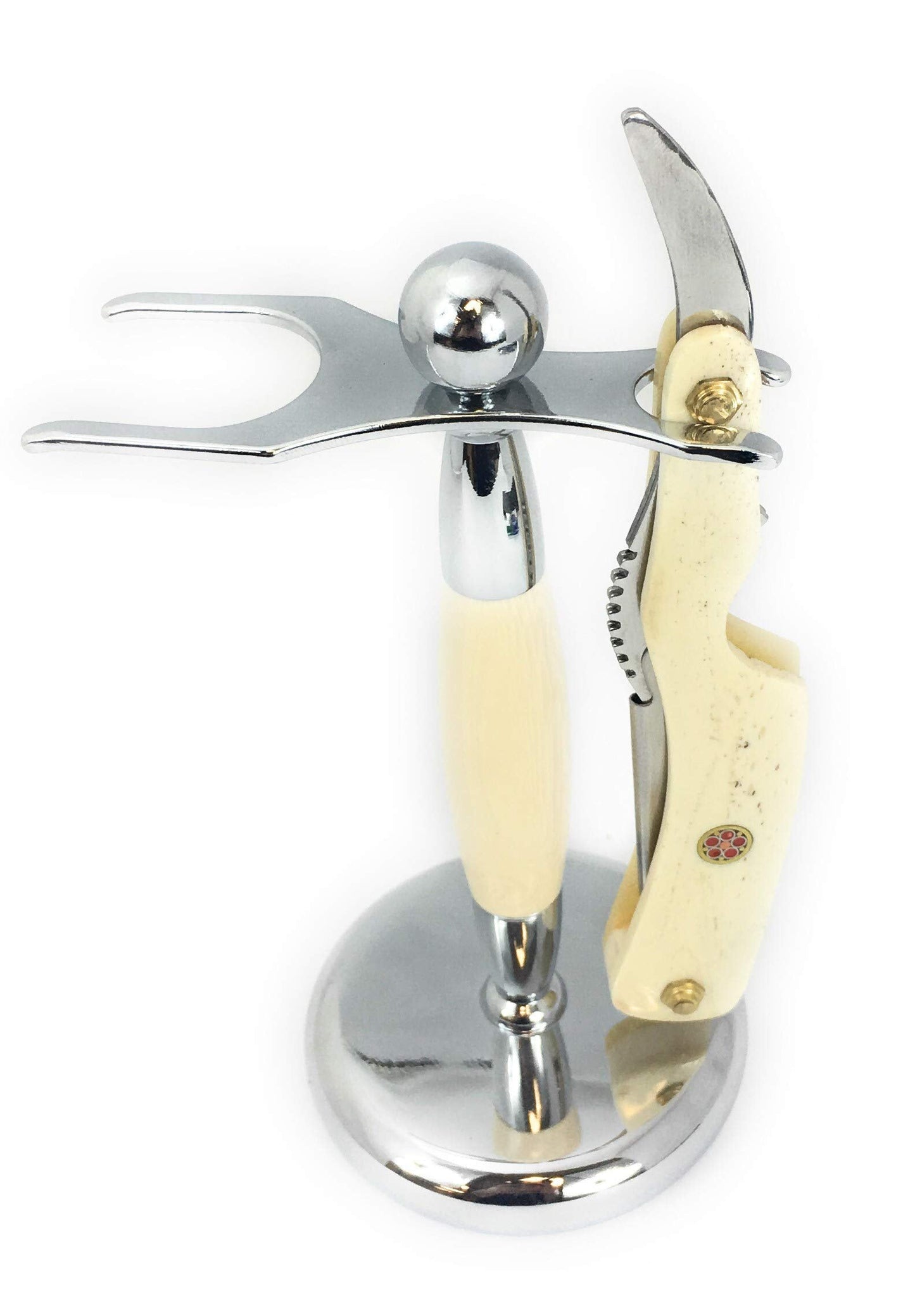 GBS Classic Straight Edge Razor Barber Shavette + Brush and Razor Stand - Ivory Horn Handle - Gold Accents + 10 Blades Men's Manual Shaver Excellent Beauty and Personal Care GBS