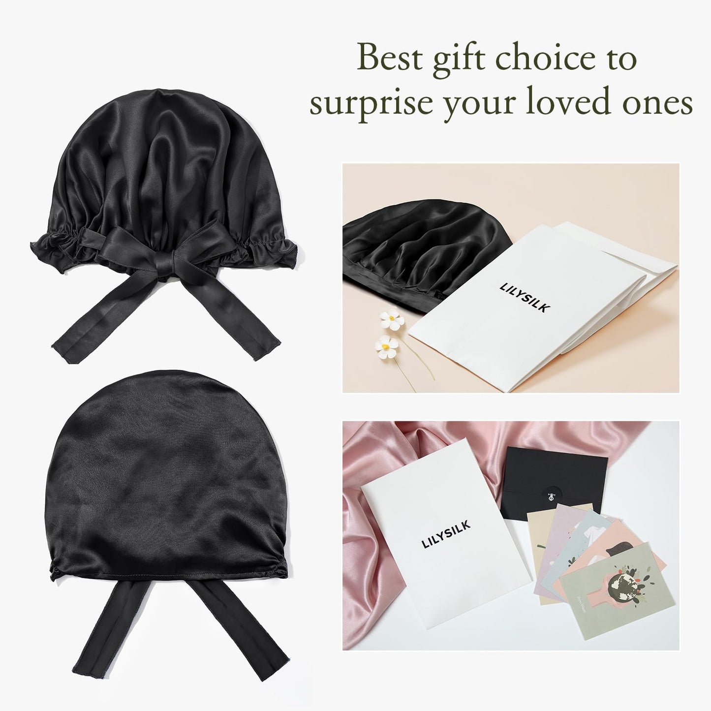 LilySilk Silk Bonnet for Sleeping Womens Sleep Cap 100% 19MM Mulberry Silk for Long Curly Hair Adjustable Stretchy Black Beauty and Personal Care LilySilk