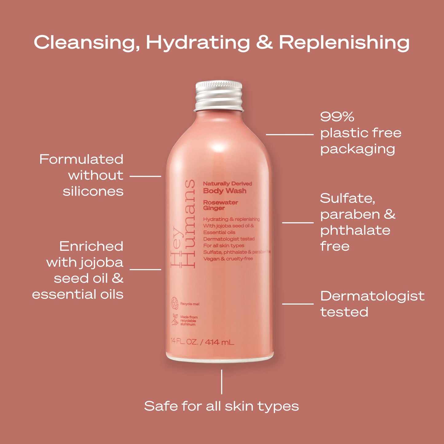 Hey Humans Rosewater Ginger Moisturizing Body Wash with Natural Ingredients & Jojoba Oil | Clean, Vegan, Sulfate Free Bath & Body Wash for Women | Beauty & Personal Care HEY HUMANS