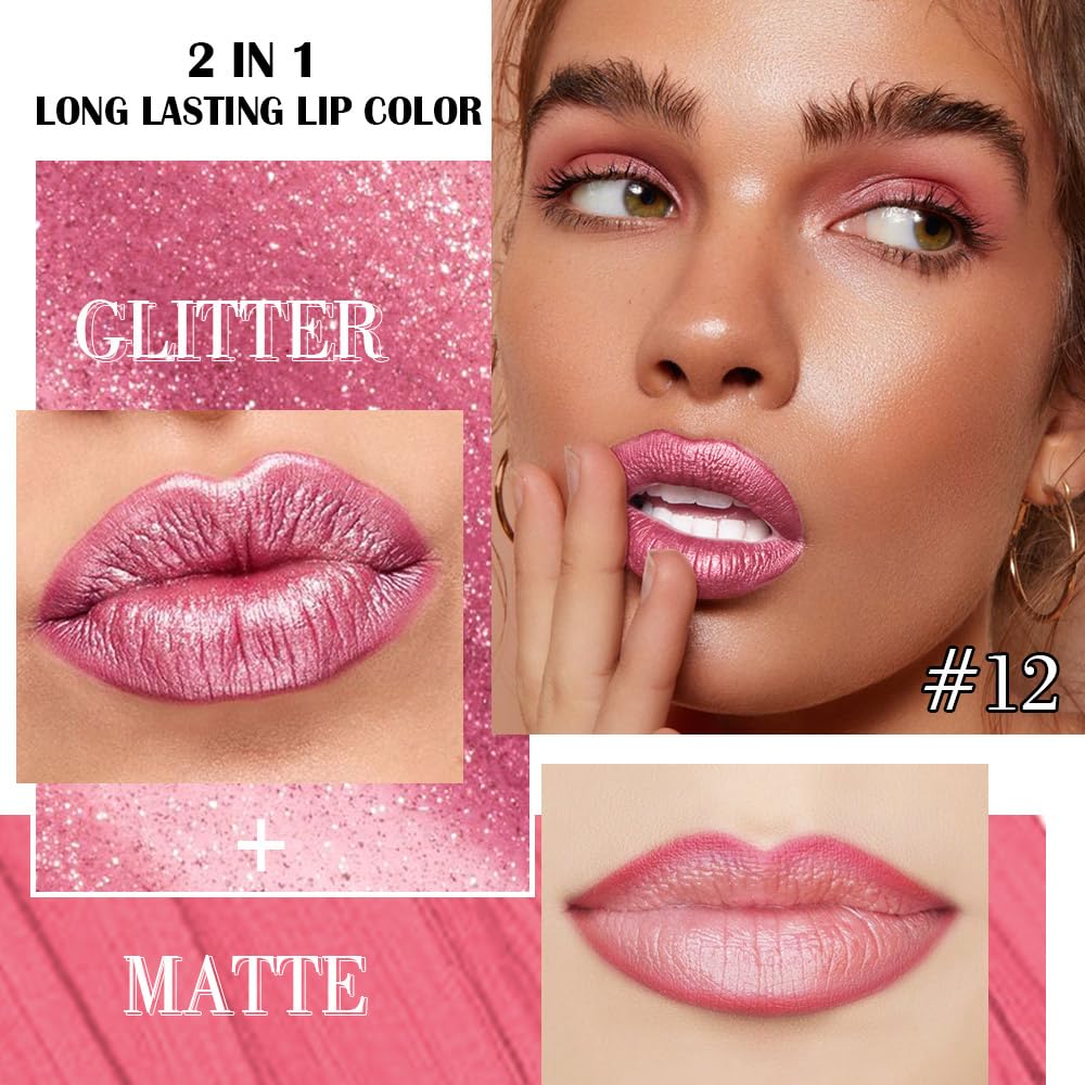 Kaely 2-in-1 Mauve Pink Metallic Lipstick and Lip Liner, Shimmer Liquid Metallic Lipsticks for Women, Glitter Lip Gloss Stain Long Lasting Waterproof Beauty and Personal Care Kaely
