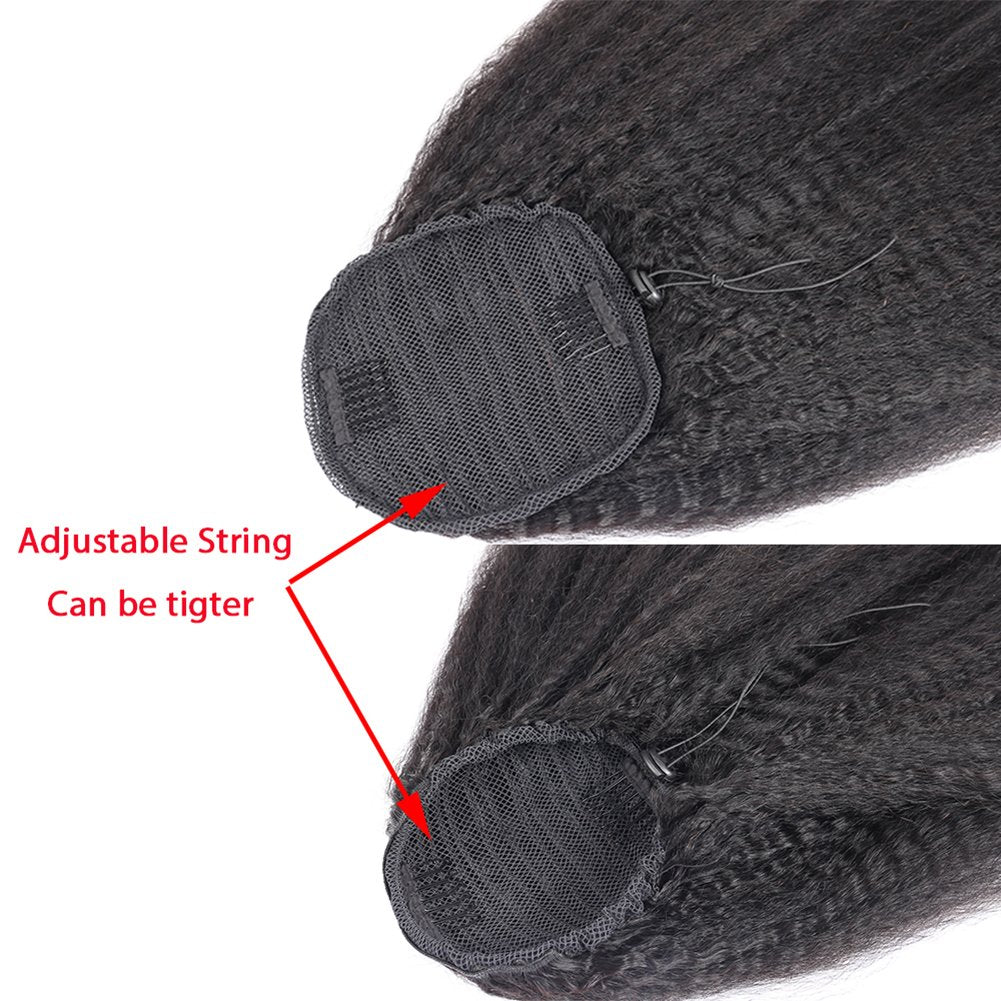 Wrap Drawstring Short Afro Kinky Straight Human Hair Puff Ponytail Extensions with Clips Coarse Yaki Straight Natural Curly Top Closure Clip Ins