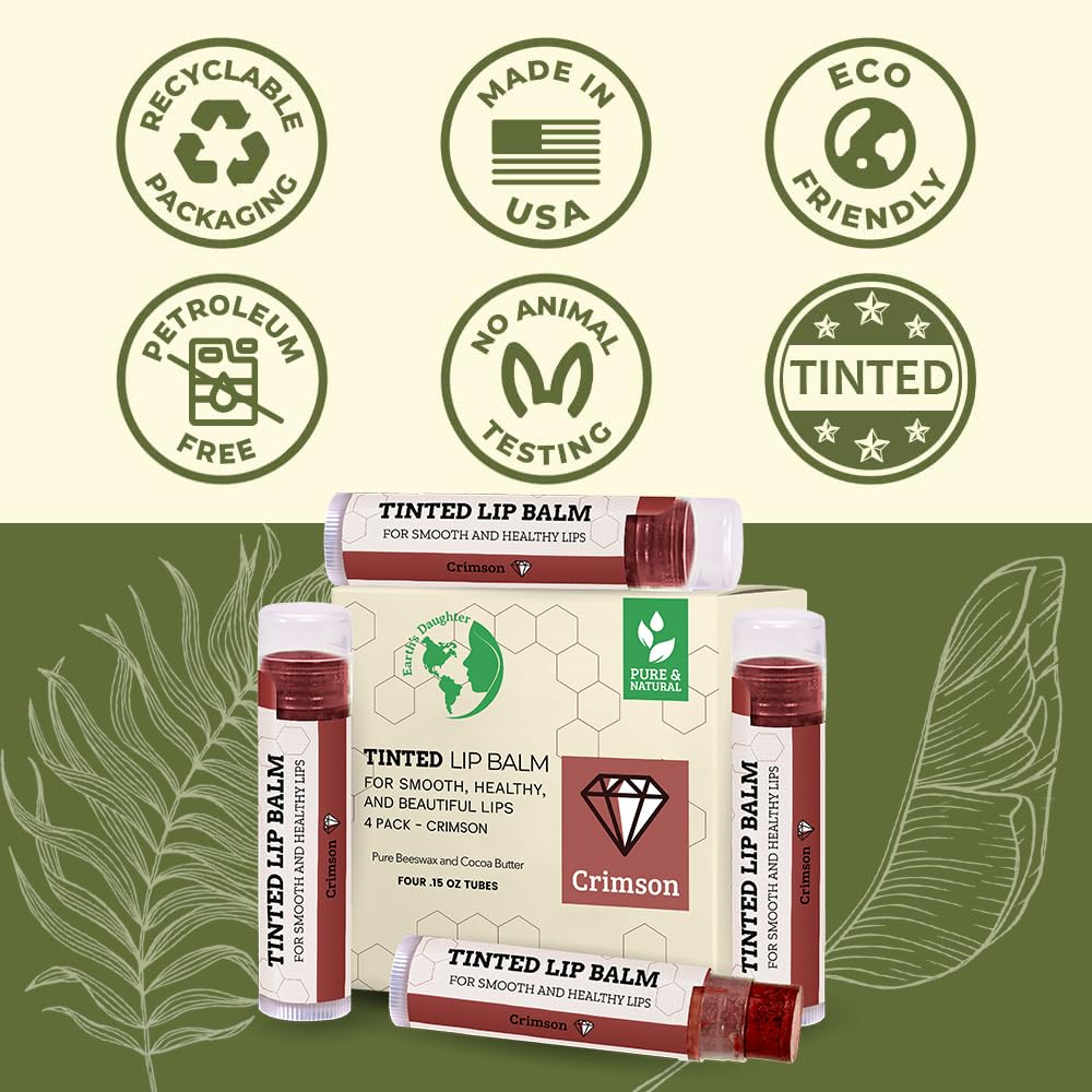Earth's Daughter Tinted Lip Balm Crimson Color 4-pack, Beeswax, Coconut Oil, Cocoa Butter, Vitamin E, Moisturize and Beautify - Paraben Free Beauty & Personal Care Earth's Daughter