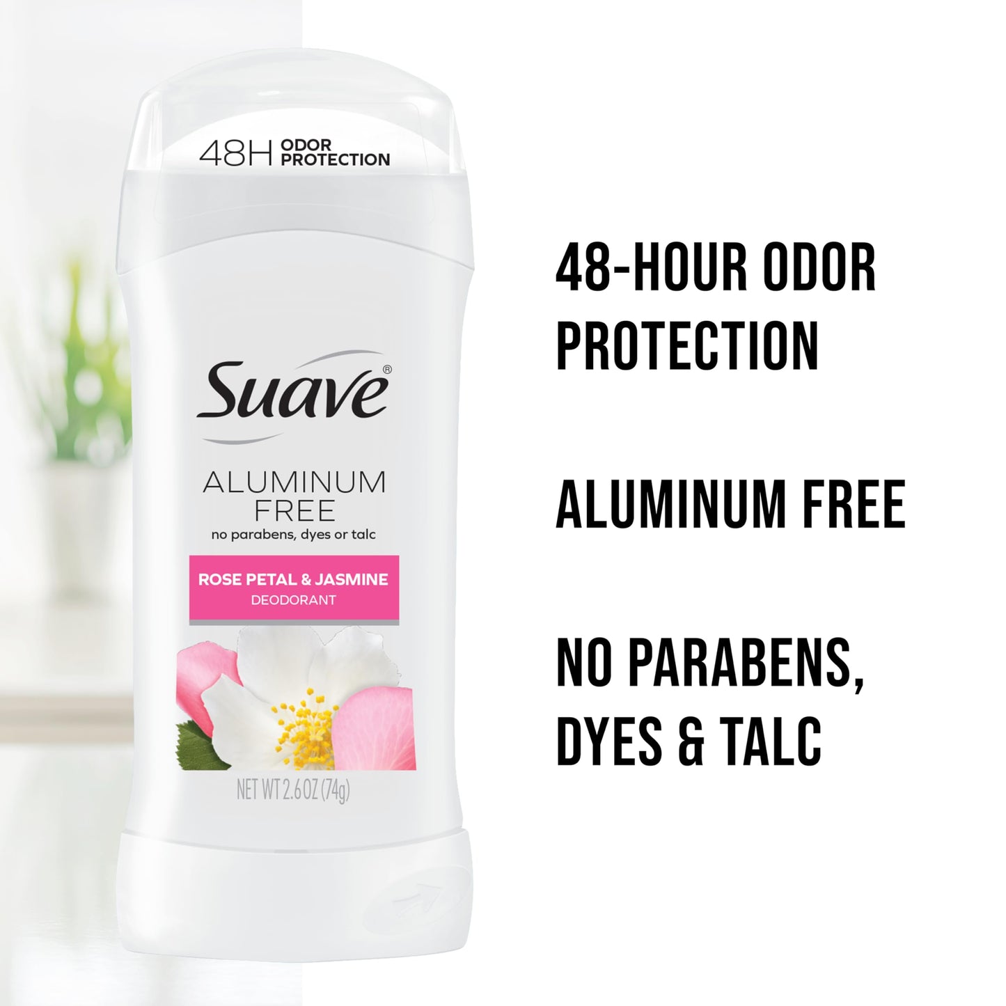 Suave Aluminum Free Deodorant for Women, Rose Petal and Jasmine, 48-Hour Odor Protection, Free of Talc, Parabens & Dyes 2.6 oz (Pack of 12) Beauty and Personal Care Suave