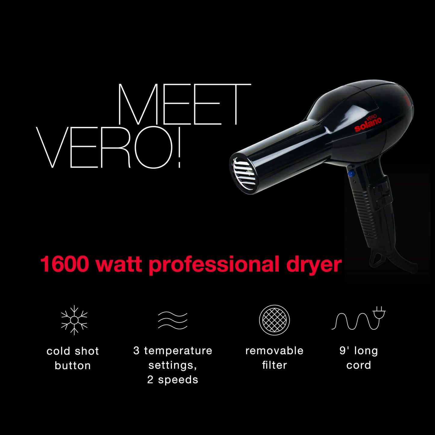 Solano Vero Ceramic Ionic Hair Dryer | Anti-Frizz + Smoothness + Shine | 1600W High Performance Ceramic Blow Dryer | Lightweight Speed Hair Dryer | Beauty & Personal Care Solano