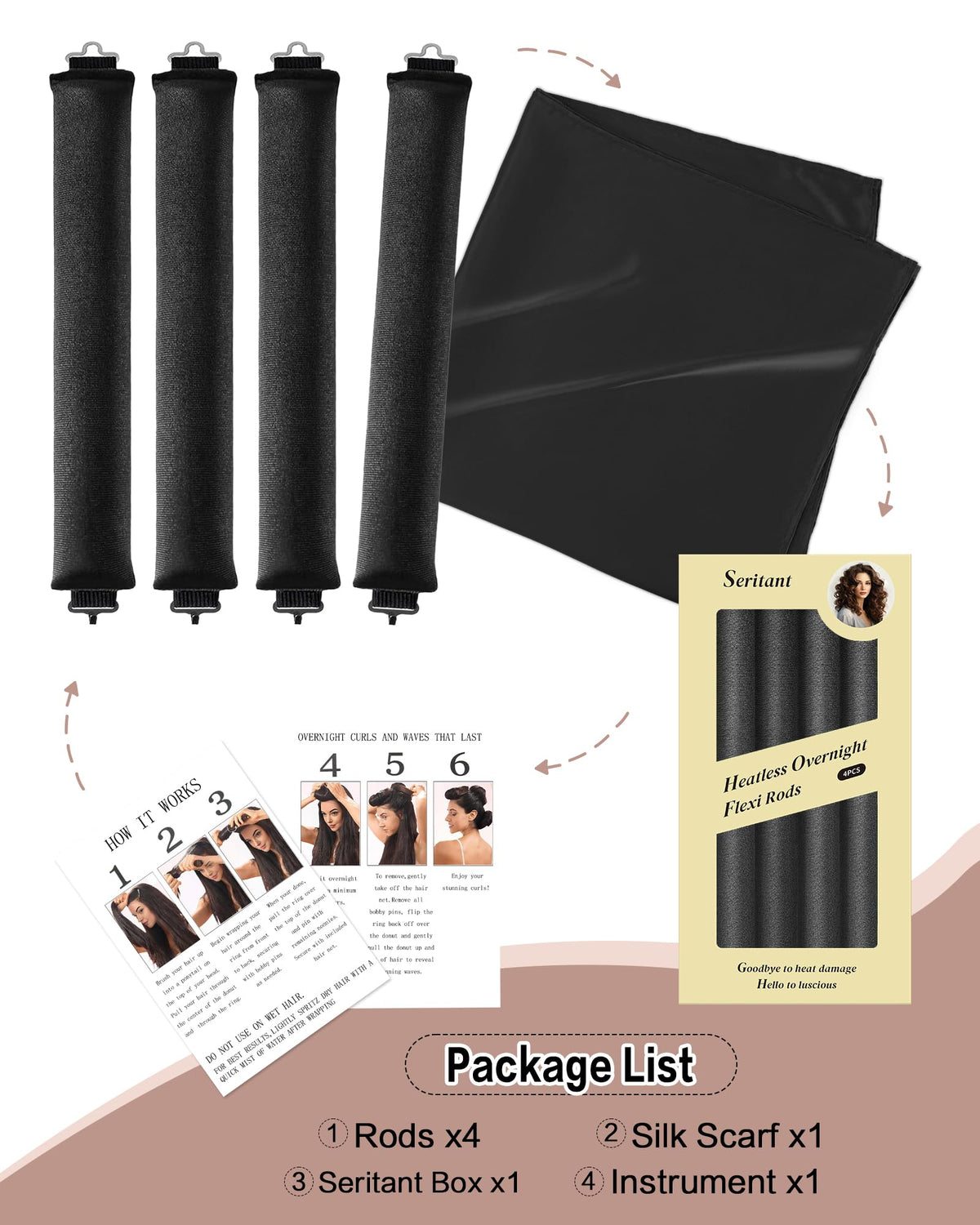Seritant Heatless Curls Overnight with Satin Head Scarf, Velvet Hair Rollers for Blowout Look, No Heat Curling Rod for Long Thick Hair, Soft Sleep In