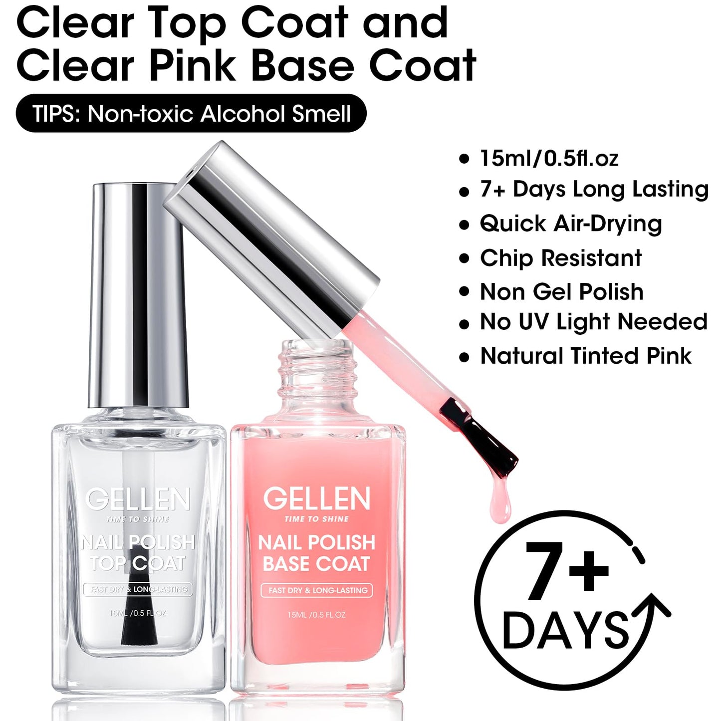 GELLEN Clear Nail Polish Base Top Coat, Clear Pink Base Coat & Shine No Wipe Top Coat Strengthen Thin Damaged Natural Nails, Quick Dry Sheer Regular Beauty and Personal Care GELLEN
