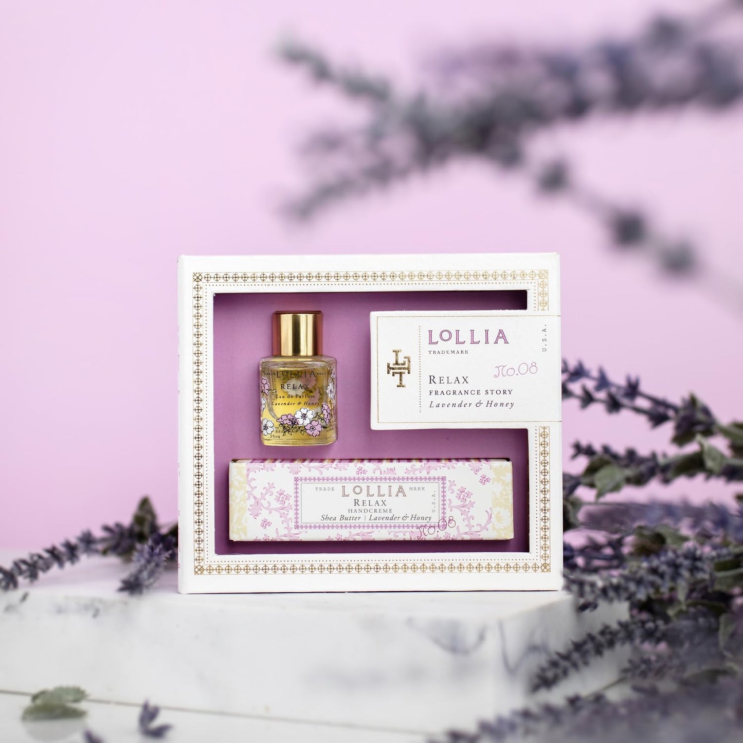 Lollia Relax Fragrance Story Gift Set - .16 fl. oz. Eau de Parfum & .33 oz. Petite Treat Handcreme - Lavender & Honey - Shea Butter Hand Cream Beauty & Personal Care LOLLIA