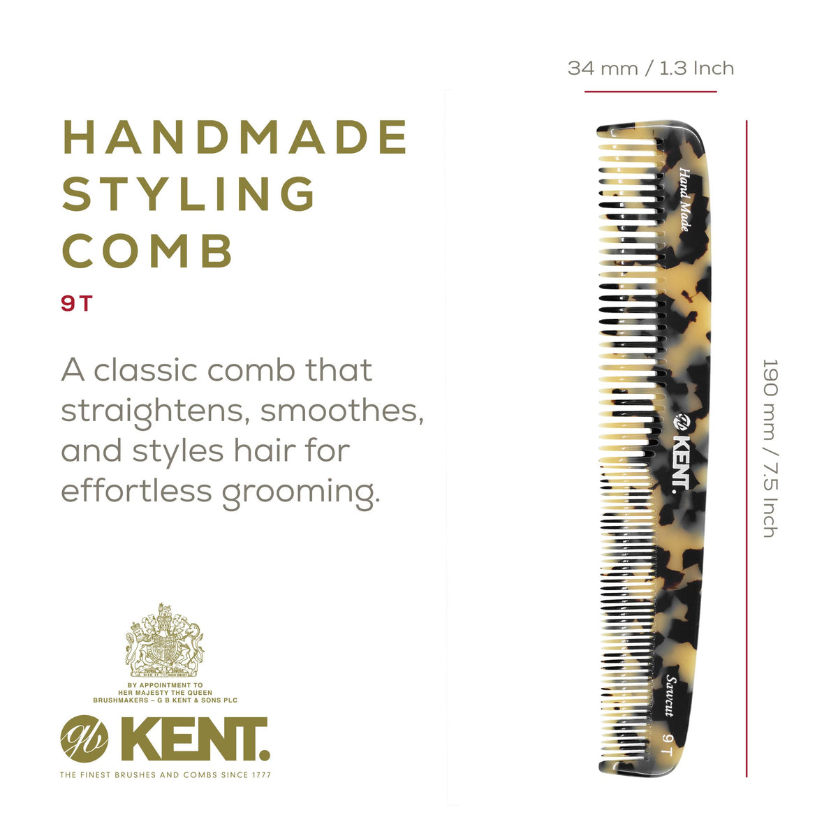 Kent 9T Fine Tooth and Wide Tooth Detangler Comb - Large Handmade Saw-Cut Dressing Comb for Wet Hair and Durable Grooming for Men and Women - Made in