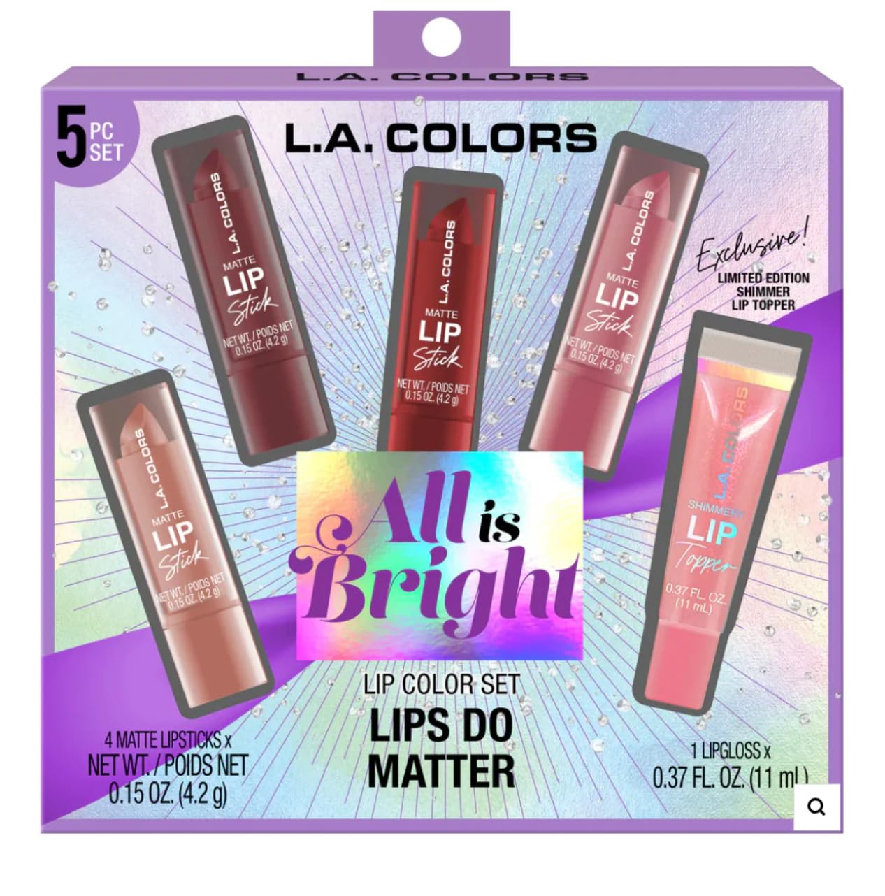 L.A. COLORS 5pc All Is Bright Lip Color Set, Lips Do Matter, 1 Count (Pack of 1) Beauty & Personal Care L.A. COLORS