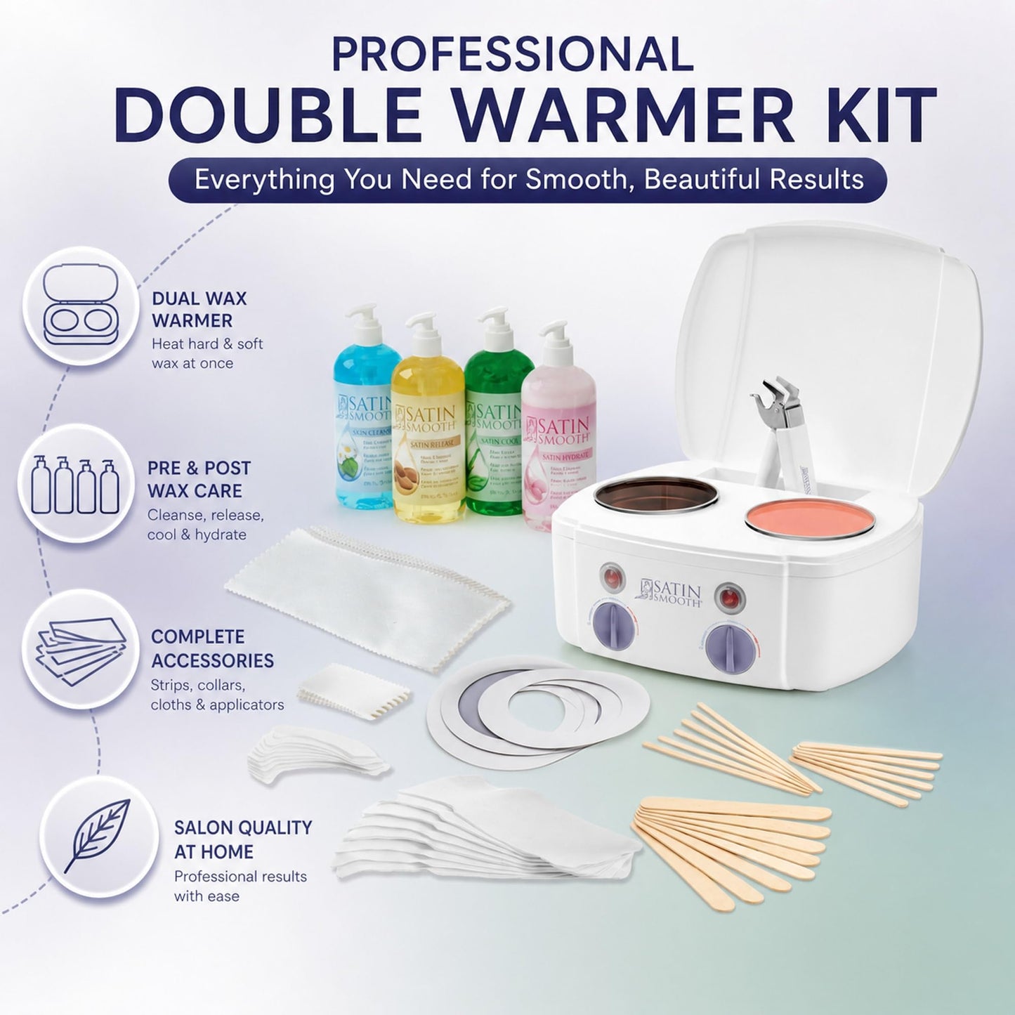 Satin Smooth Professional Dual Wax Warmer Kit - Hair Removal System with Hard & Soft Wax Accessories, Pre & Post-Wax Care Supplies, Spa Waxing Kit Beauty and Personal Care SATIN SMOOTH