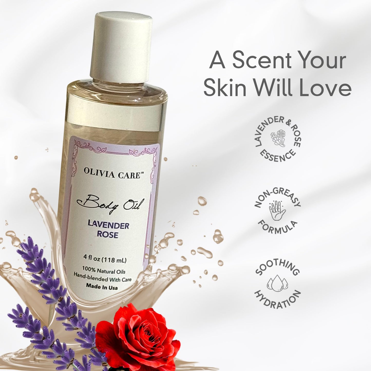 Olivia Care Body Oil Lavender Rose Vegan & Natural Perfume Oil For Women | Hydrating After Bath Oil- Infused with VITAMIN E, K & Omega Fatty Acids Beauty & Personal Care Olivia Care