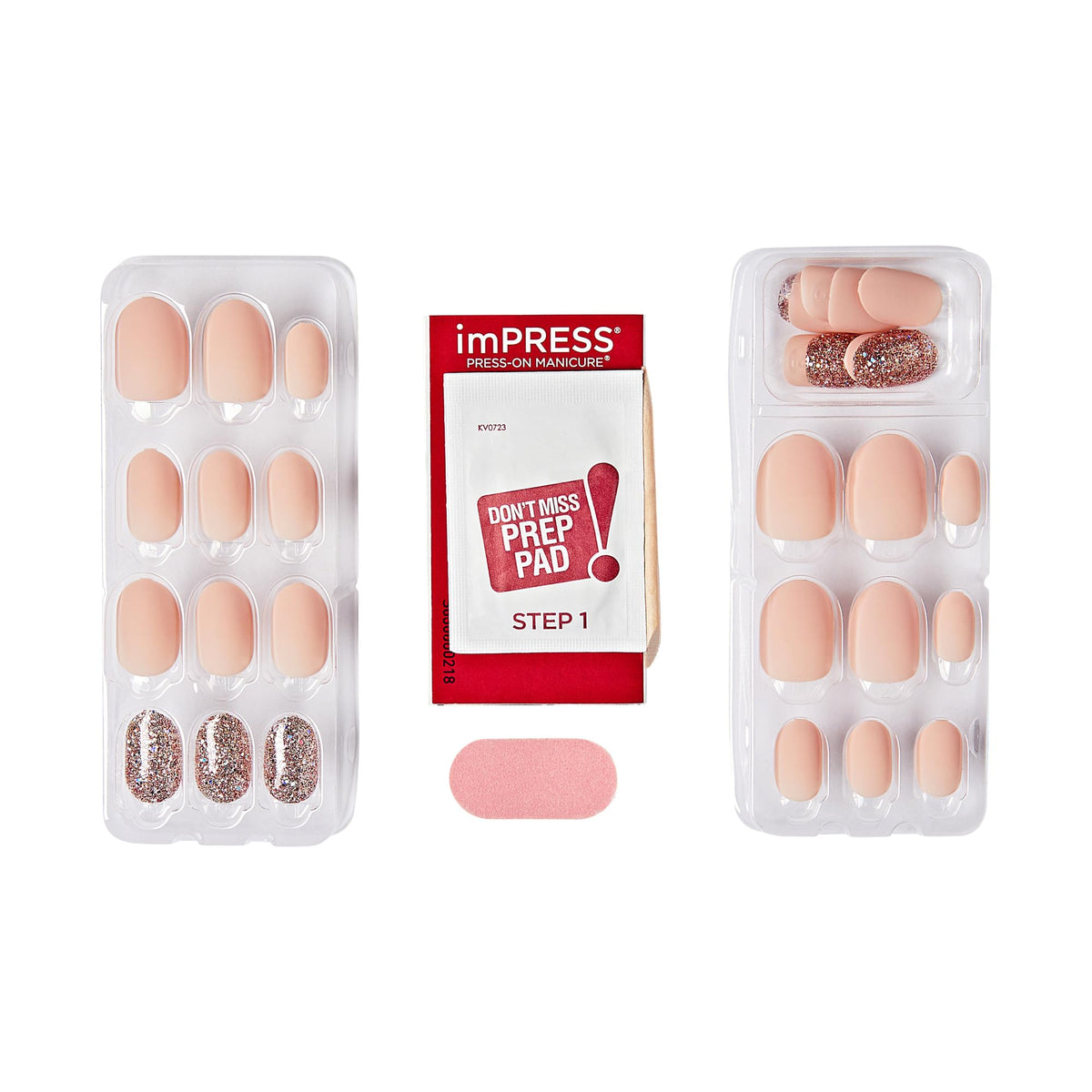 Kiss Impress No Glue Mani Press On Nails, Design, 'Evanesce', Beige, Short Size, Oval Shape, Includes 30 Nails, Prep Pad, Instructions Sheet, 1
