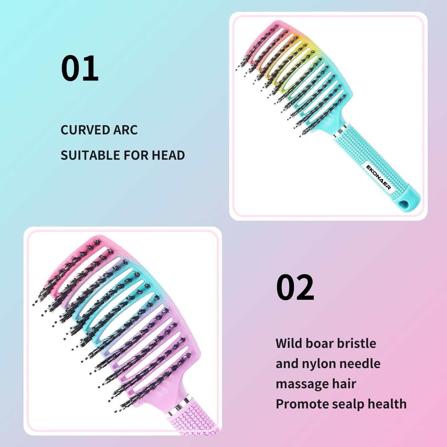 2 Pack Detangling Brush Getting Knots Out without Pain Adds Shine and Makes Hair Smooth,Detangler Boar Bristle Hair Brush for Adult & Kids Wet or Dry Beauty and Personal Care EKONAER