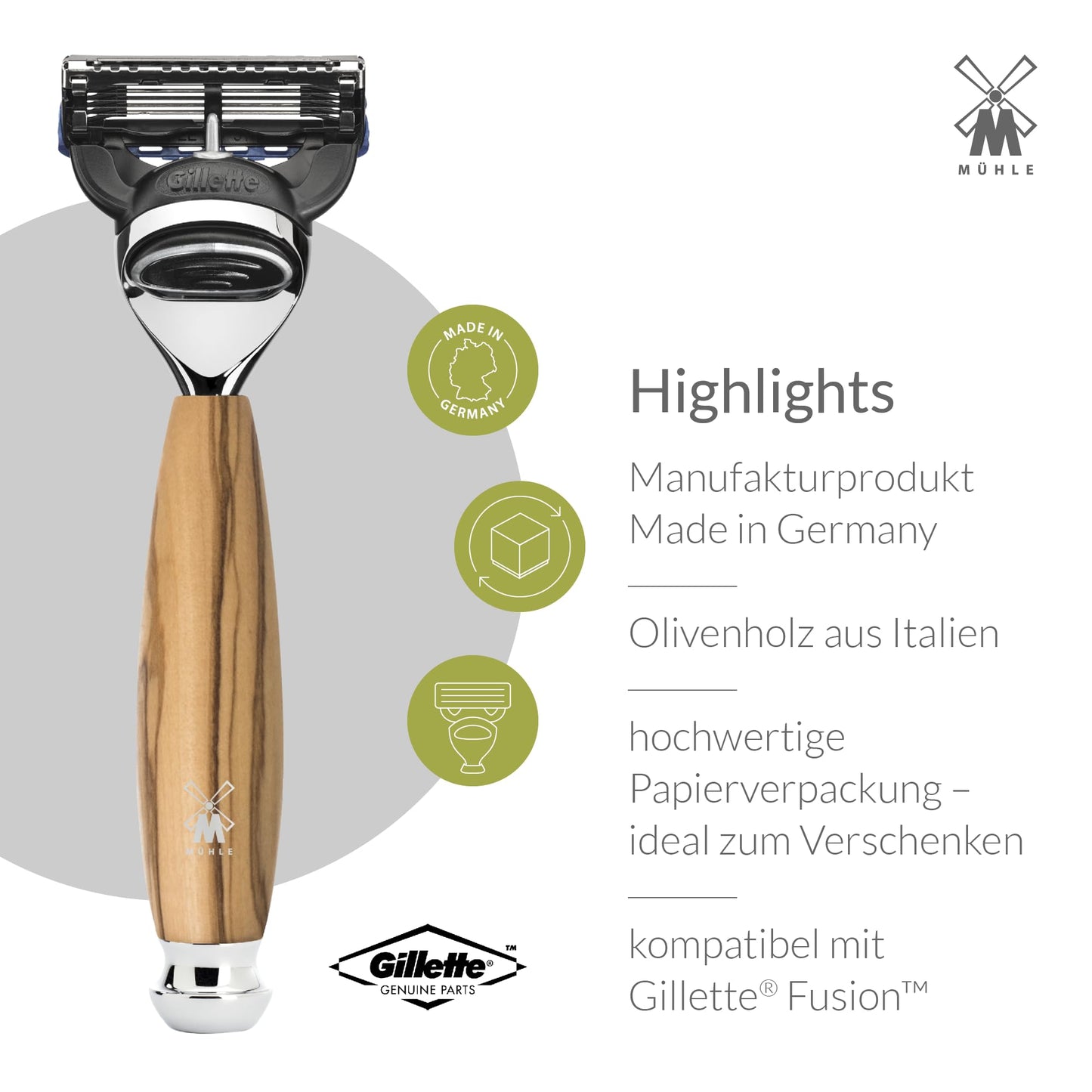 MÜHLE VIVO Olive Wood 4-Piece Pure Badger 5-Blade Razor Shaving Set Beauty and Personal Care MÜHLE