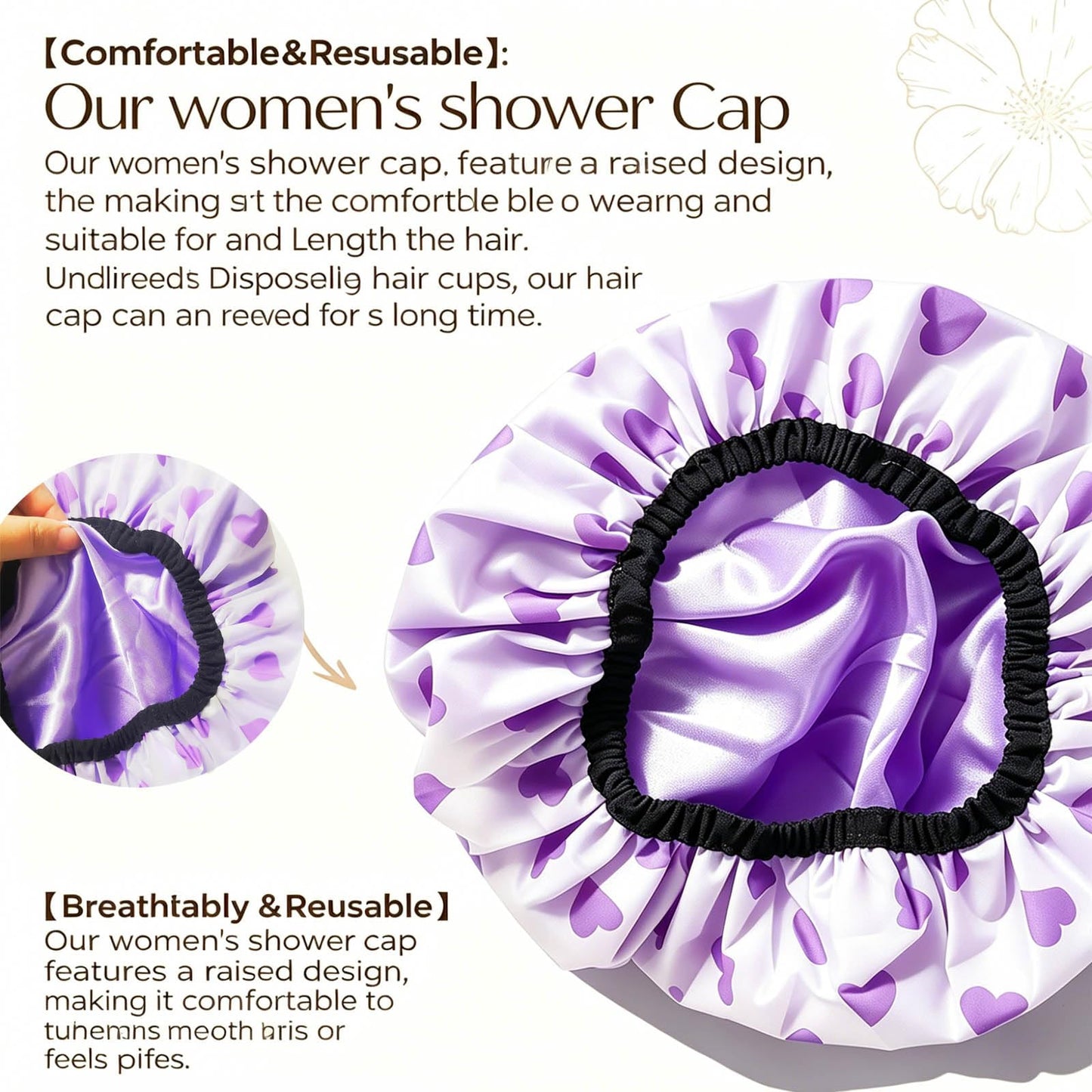 MeeShirer Heart Print Shower Cap for Women, Double Layer Waterproof EVA Bath Cap, Soft Satin Lining Protect Hair, Cute Breathable Reusable Hair Cap Beauty and Personal Care MeeShirer