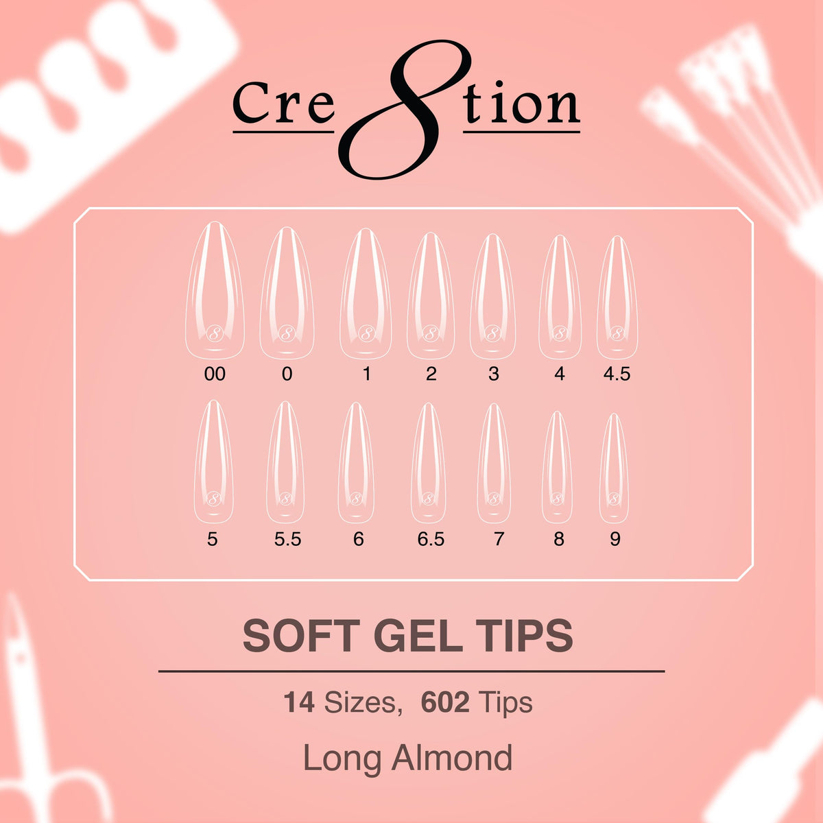 Cre8tion Soft Gel Nail Tips, Long Almond Shape, 602 Tips in 14 Sizes