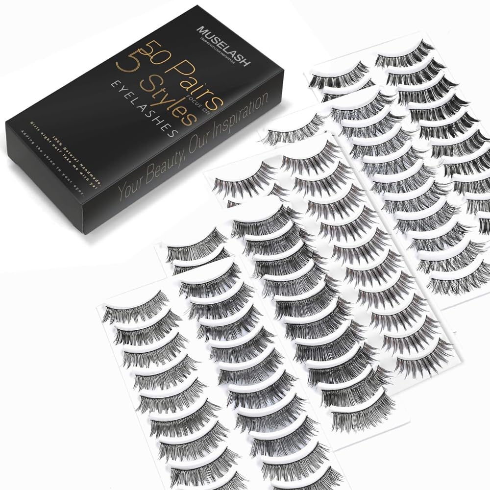 50 Pairs 5 Styles MUSELASH False eyelashes set professional 100% Handmade natural, glamorous, demi wispies, volume multipacks, cotton band, 10 Pairs Beauty & Personal Care MUSELASH