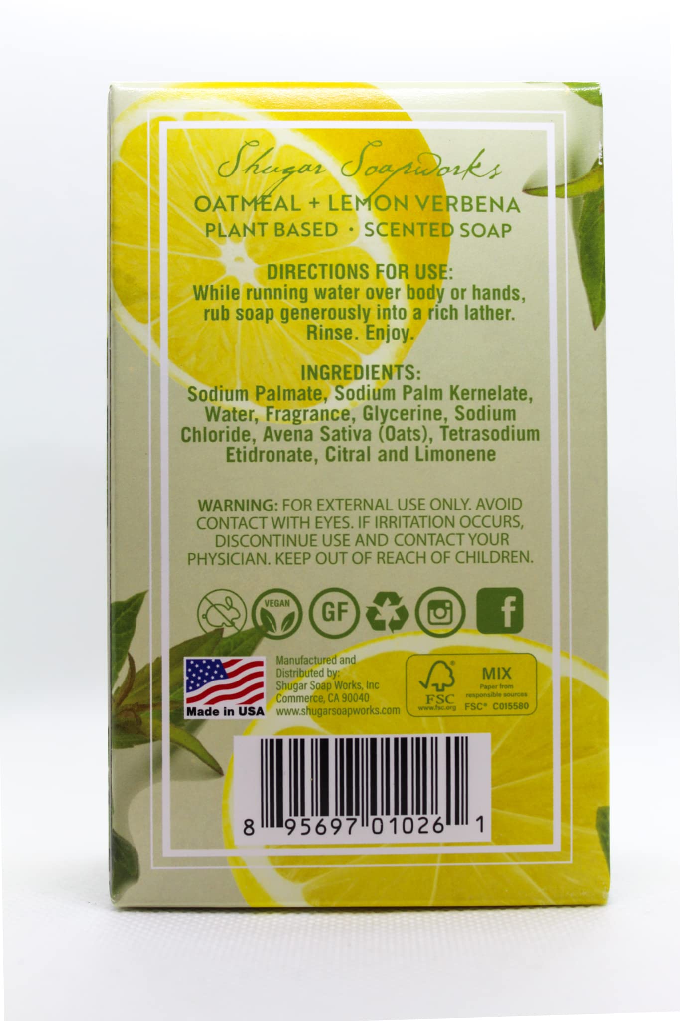 Shugar Soapworks Oatmeal & Lemon Verbena Soap 6.25 Oz - Plant Based, Vegan, Natural, Pure, No Dyes, Sulfate & Paraben Free (2 Pack) Beauty & Personal Care Shugar Soapworks
