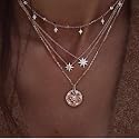 DoubleNine Multilayer Necklace Sun Star Golden Crescent Pendant Gold Medal Sequins Women Crystal Necklace Layered Delicate Collar Women Girls Bride Beauty & Personal Care Doubnine