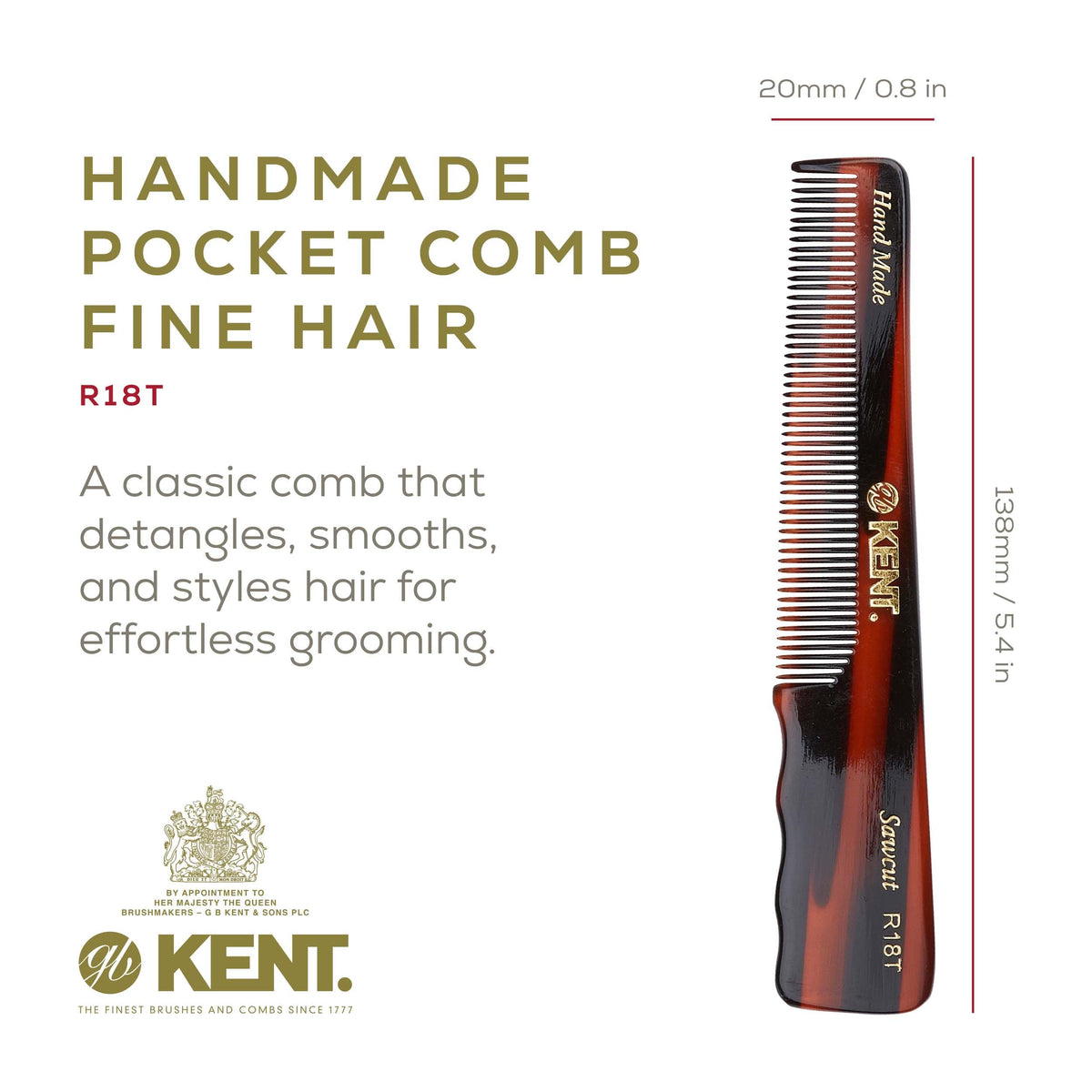 Kent R18T Handmade All Fine Tooth Pocket Comb for Men, Hair Comb for Styling Hair, Mustache and Beard, Saw Cut and Hand Polished, Made in England