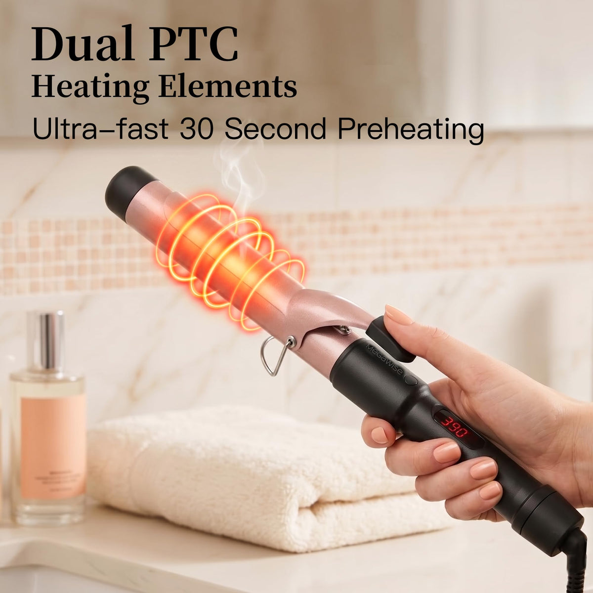 MEGAWISE Pro 1.25 Inch Ceramic Barrel Hair Curling Iron with 60s PTC Fast Heating, Anti-Scald Grip & Tip, Auto Shut Off, 360° Swivel Cord, 2 Clips &